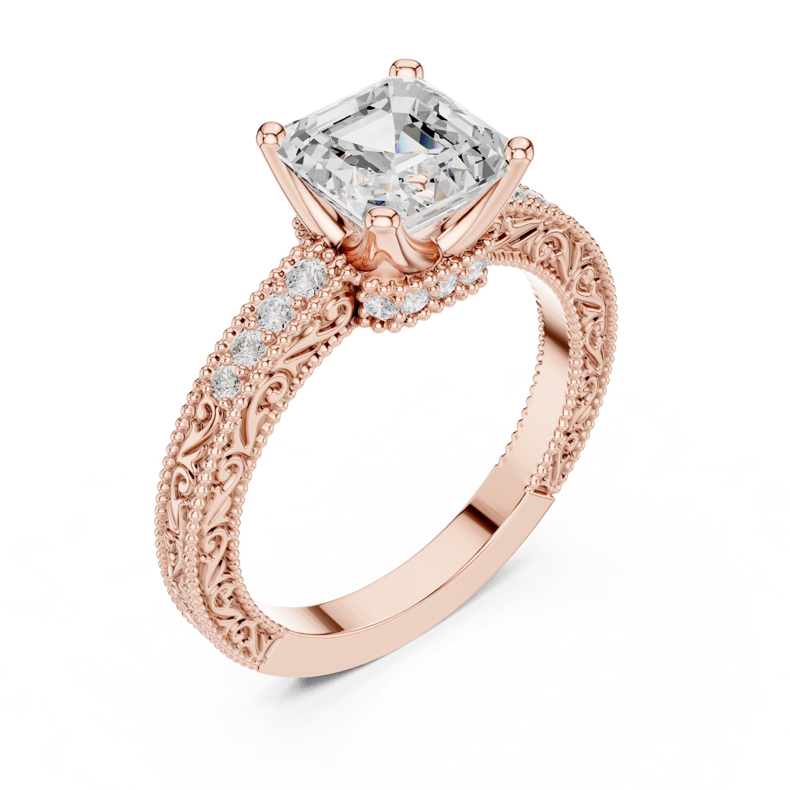 Asscher Cut Hidden Halo Engagement Ring in Rose Gold - VYKA Diamonds