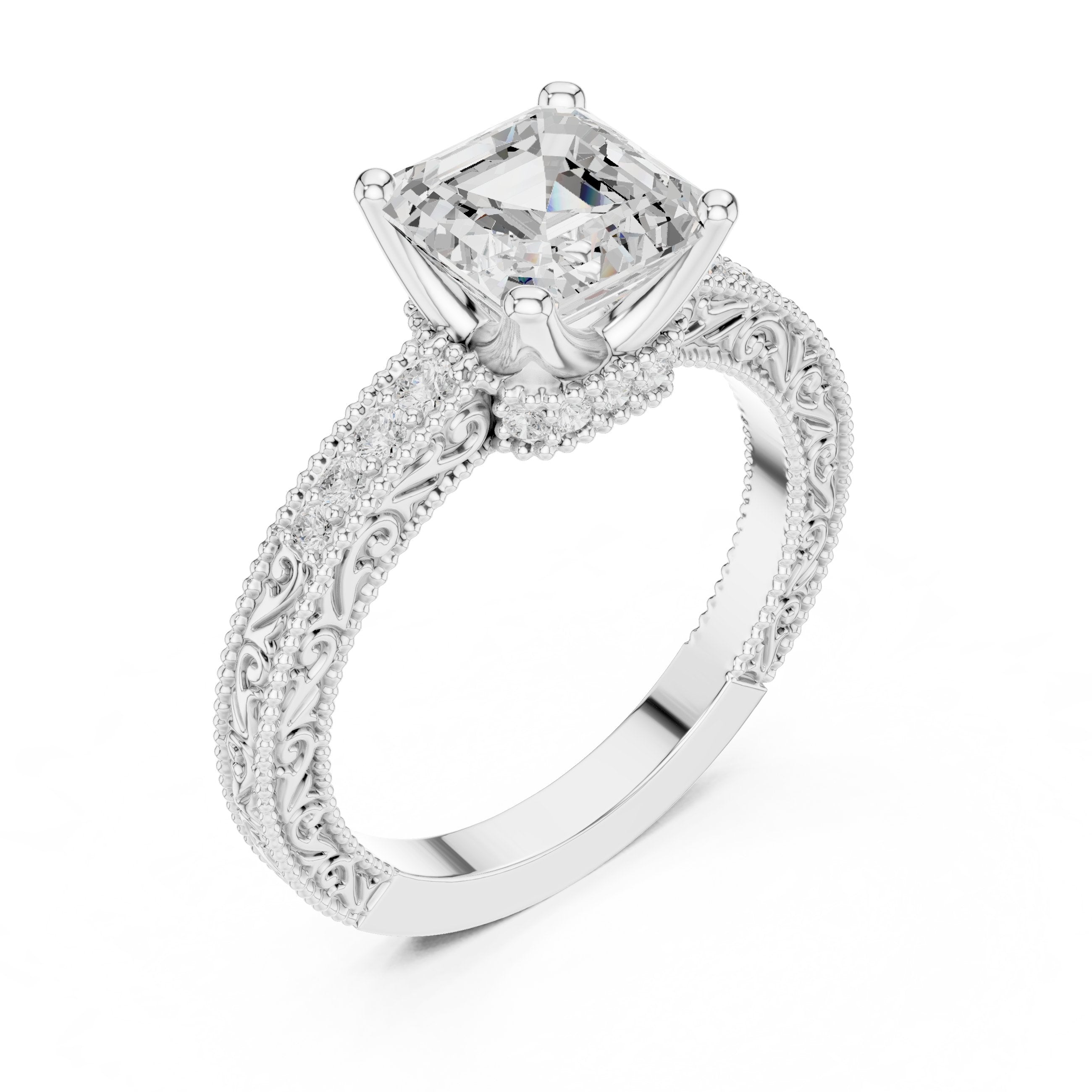 Asscher Cut Hidden Halo Engagement Ring in White Gold - VYKA Diamonds