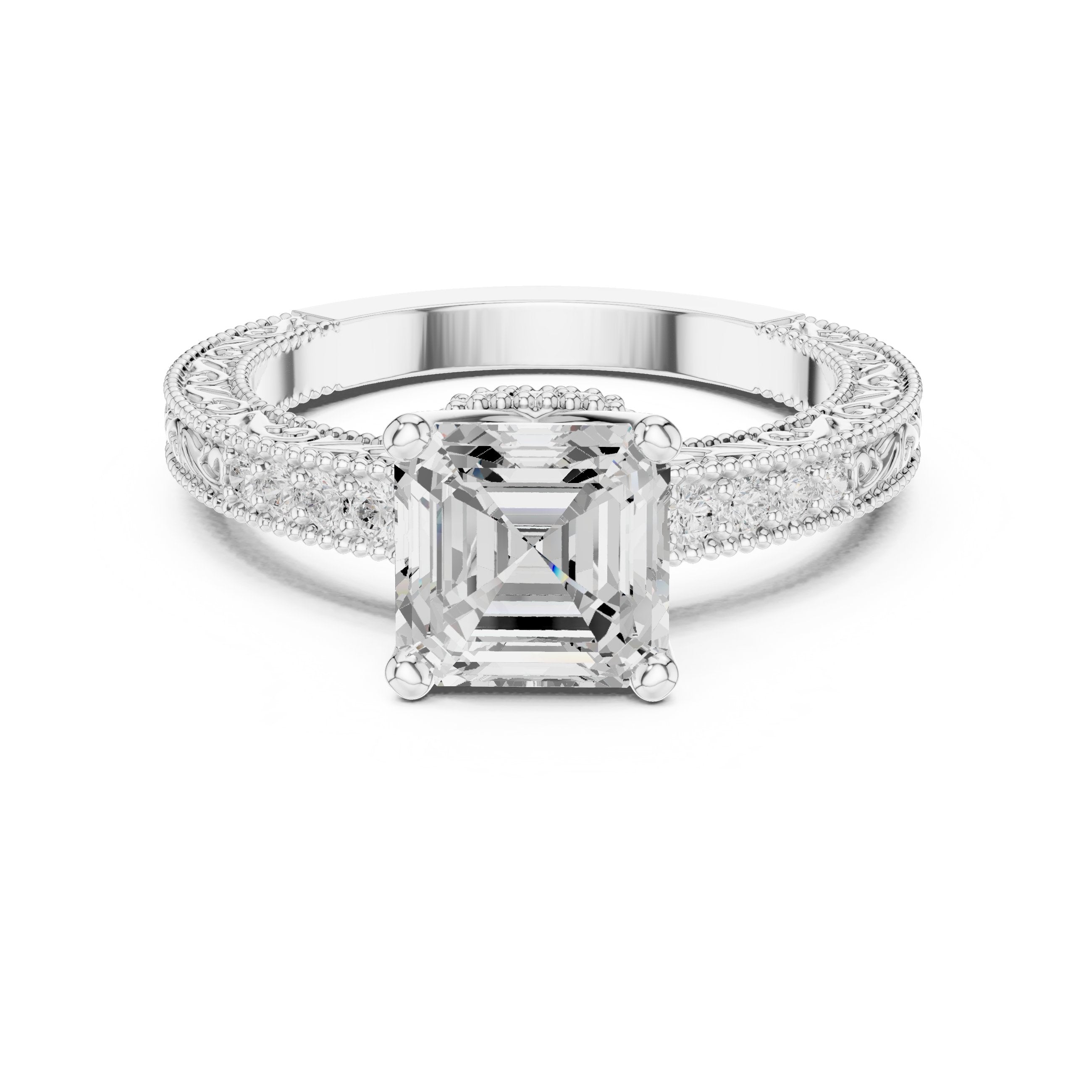 Asscher Cut Hidden Halo Engagement Ring in White Gold - VYKA Diamonds