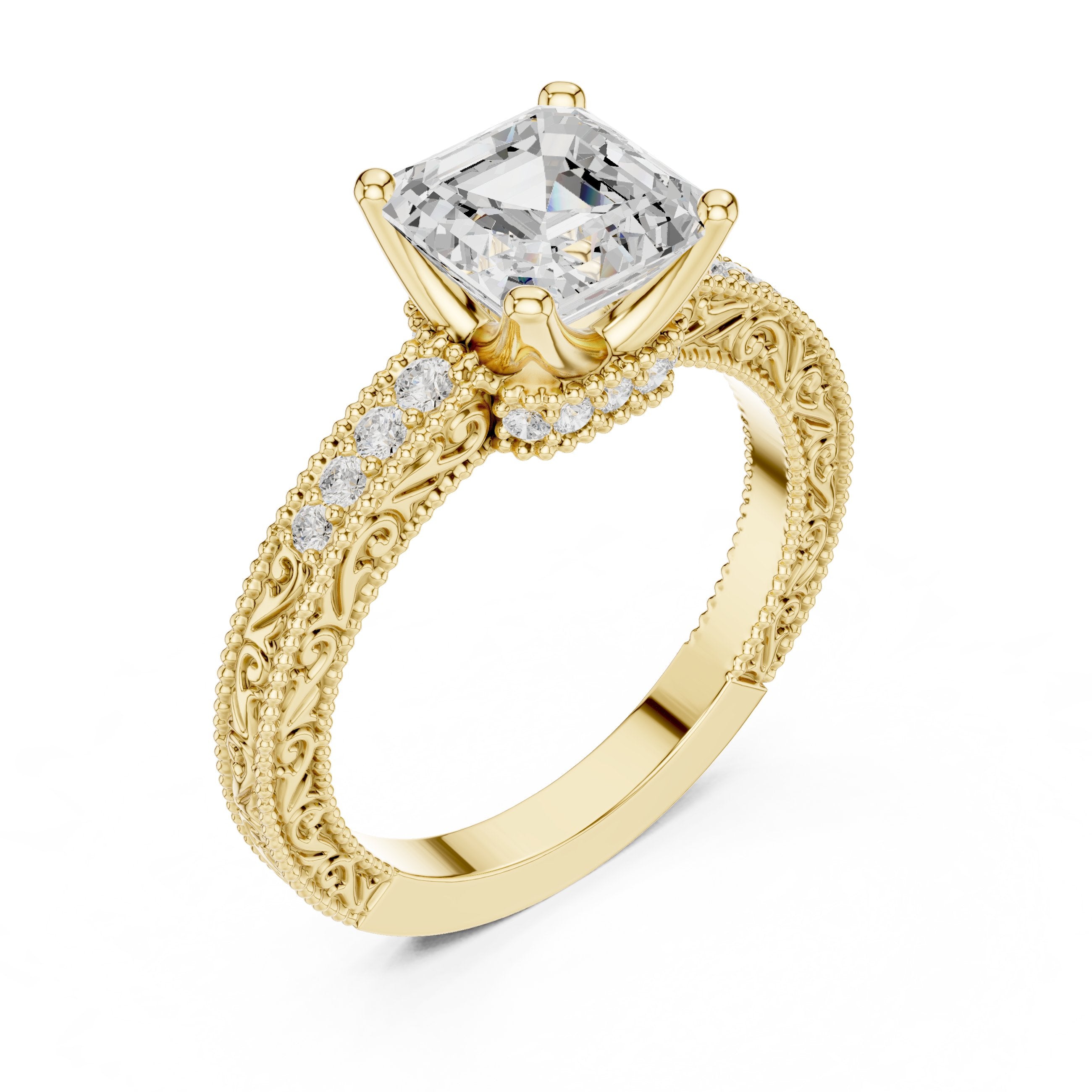 Asscher Cut Hidden Halo Engagement Ring in Yellow Gold - VYKA Diamonds