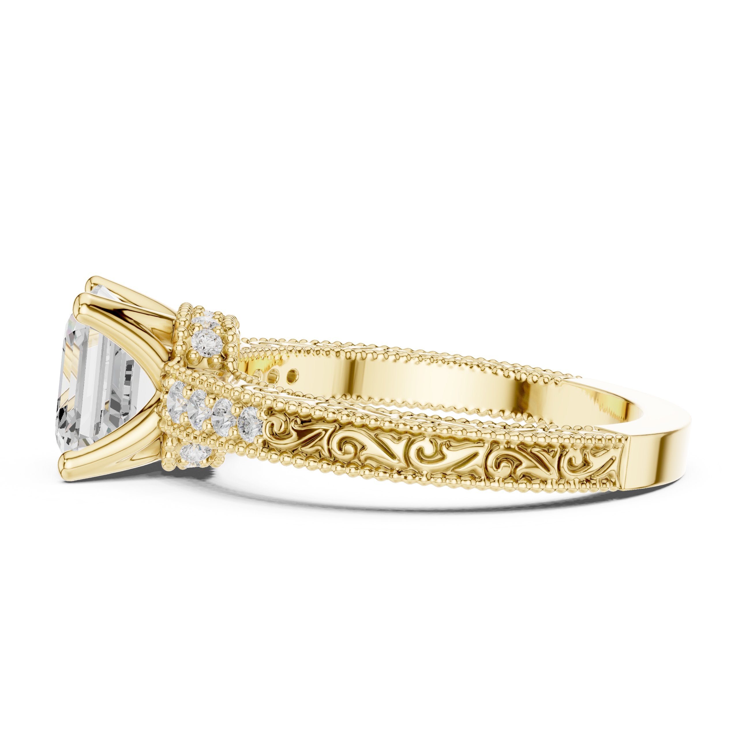 Asscher Cut Hidden Halo Engagement Ring in Yellow Gold - VYKA Diamonds