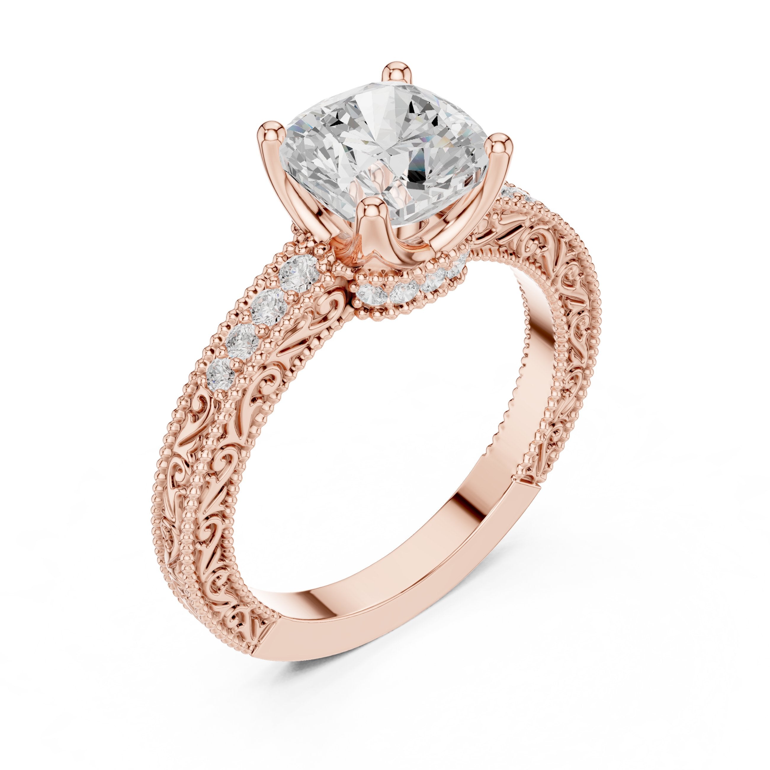 Cushion Cut Engagement Ring with Vintage Milgrain Pavé Band in Rose Gold - VYKA Diamonds