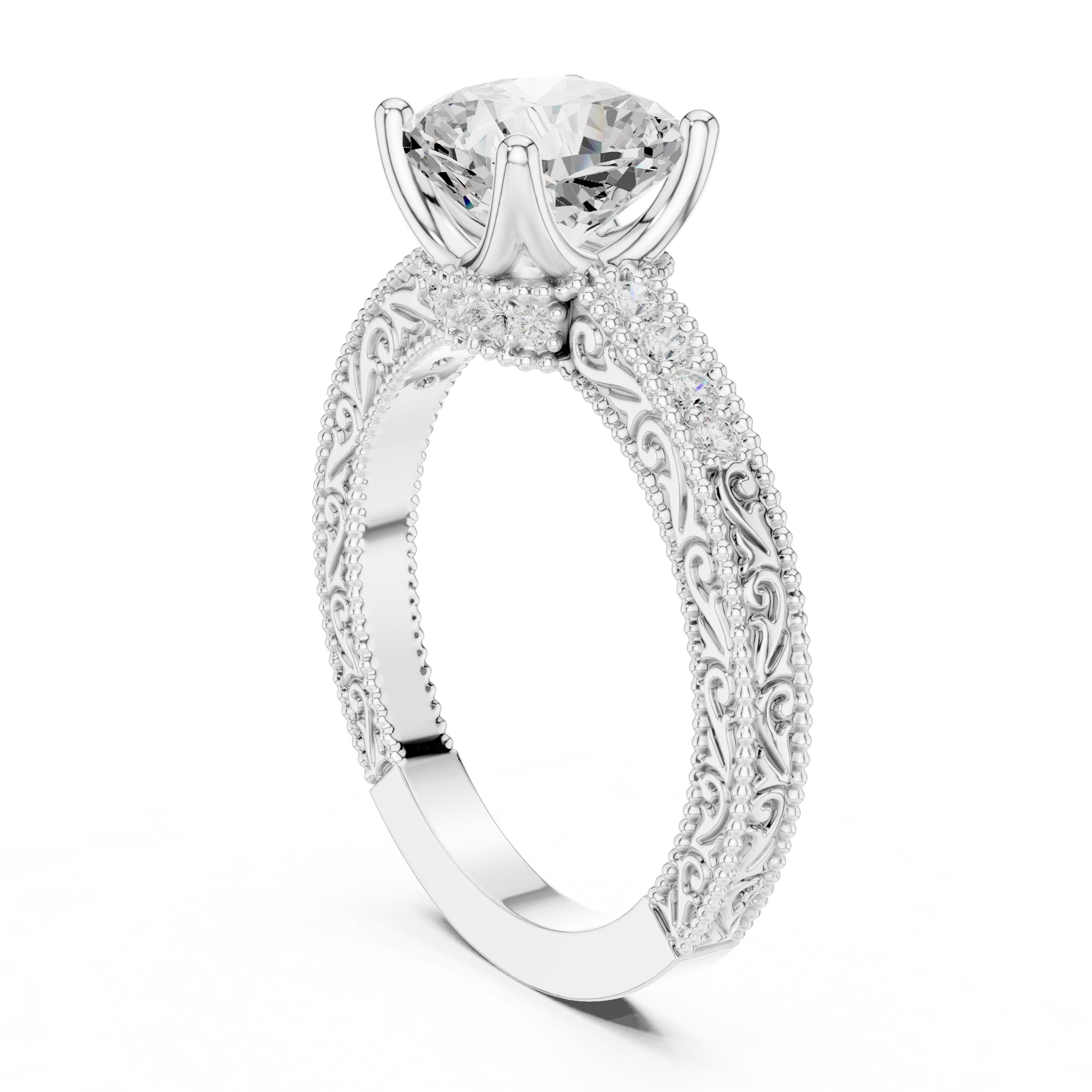 Cushion Cut Engagement Ring with Vintage Milgrain Pavé Band in White Gold - VYKA Diamonds