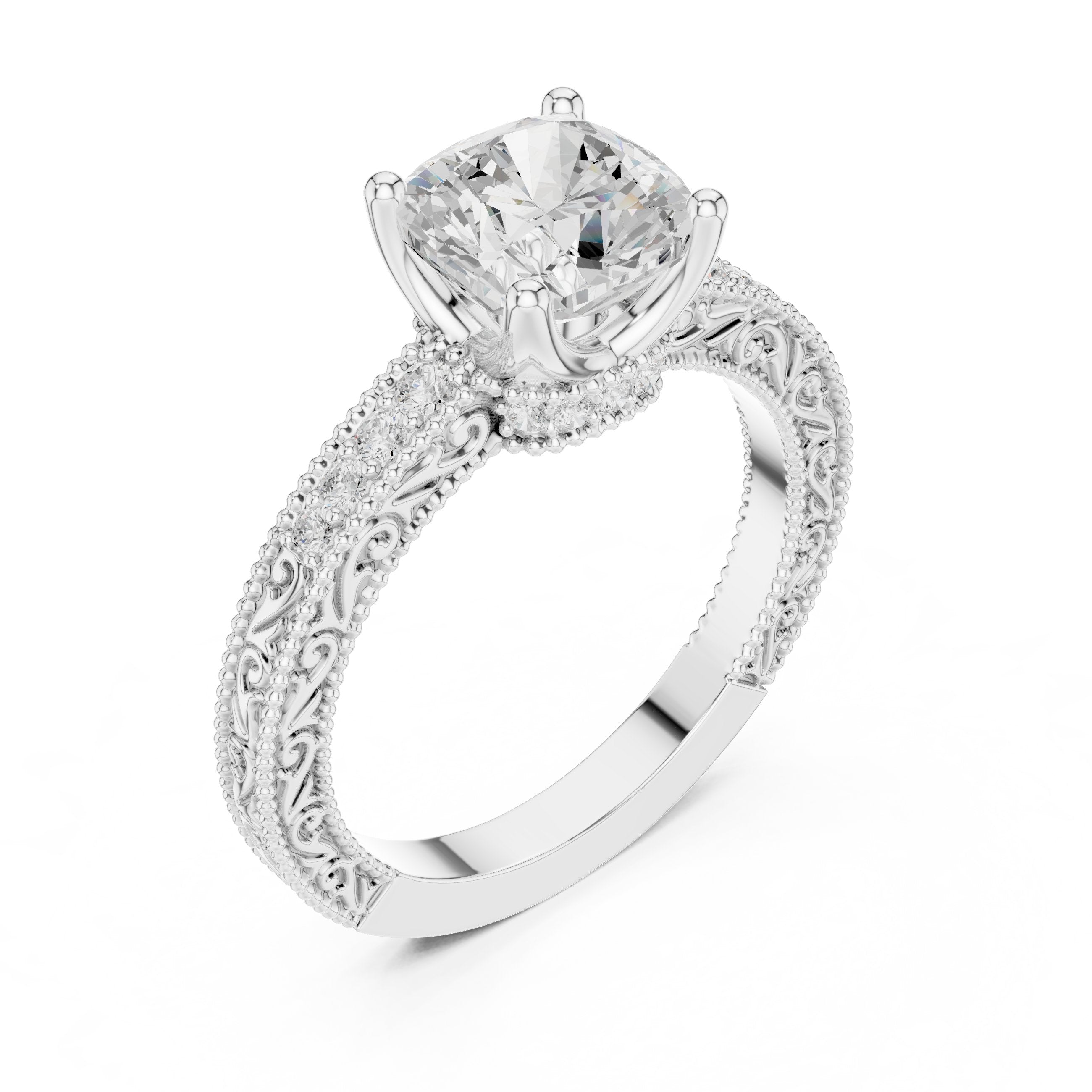 Cushion Cut Engagement Ring with Vintage Milgrain Pavé Band in White Gold - VYKA Diamonds