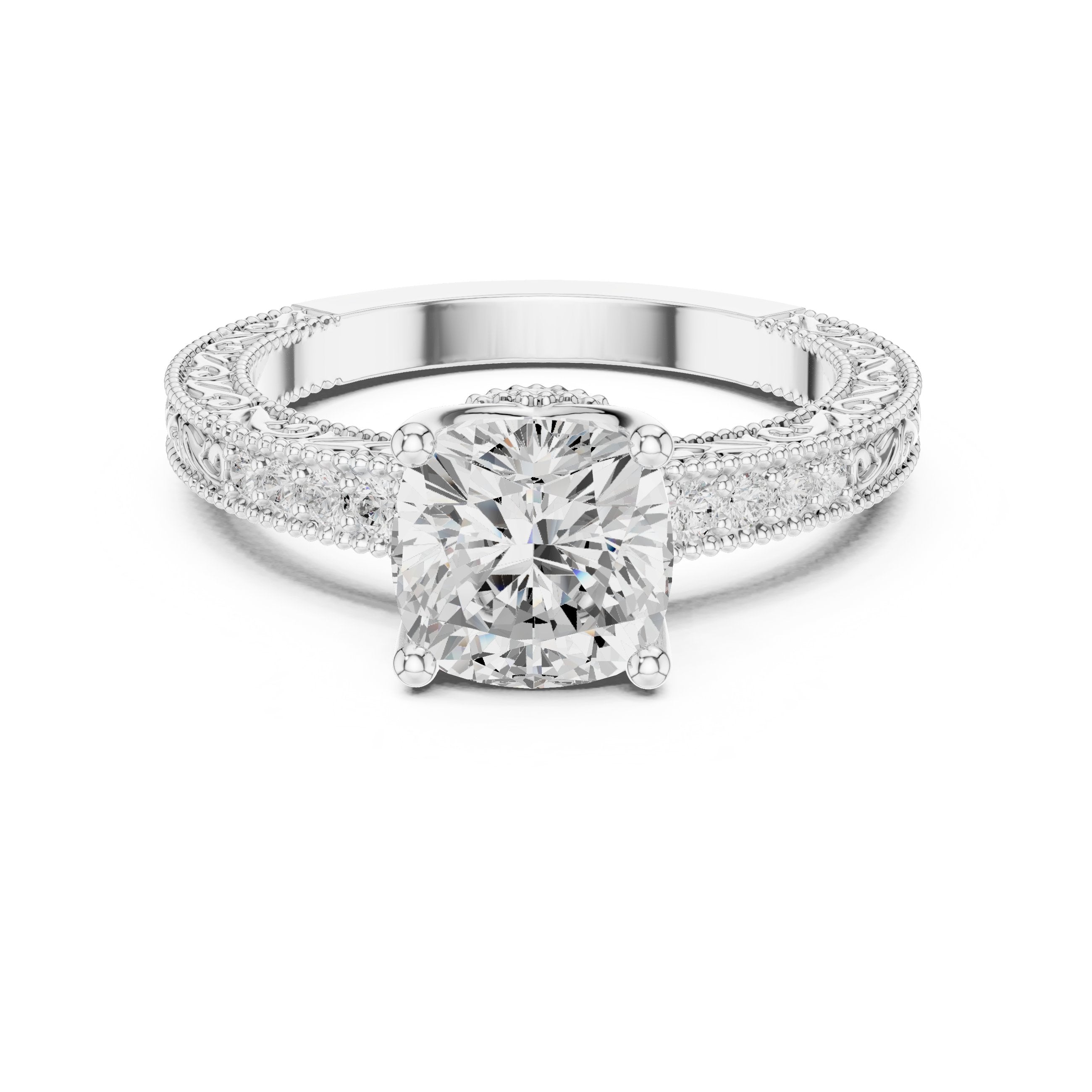 Cushion Cut Engagement Ring with Vintage Milgrain Pavé Band in White Gold - VYKA Diamonds