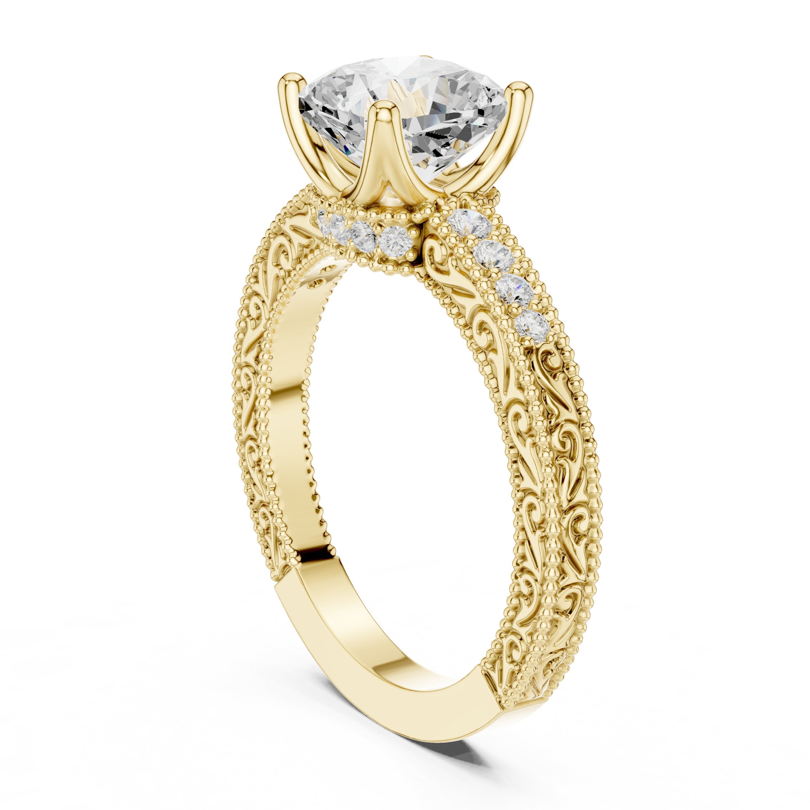 Cushion Cut Engagement Ring with Vintage Milgrain Pavé Band in Yellow Gold - VYKA Diamonds