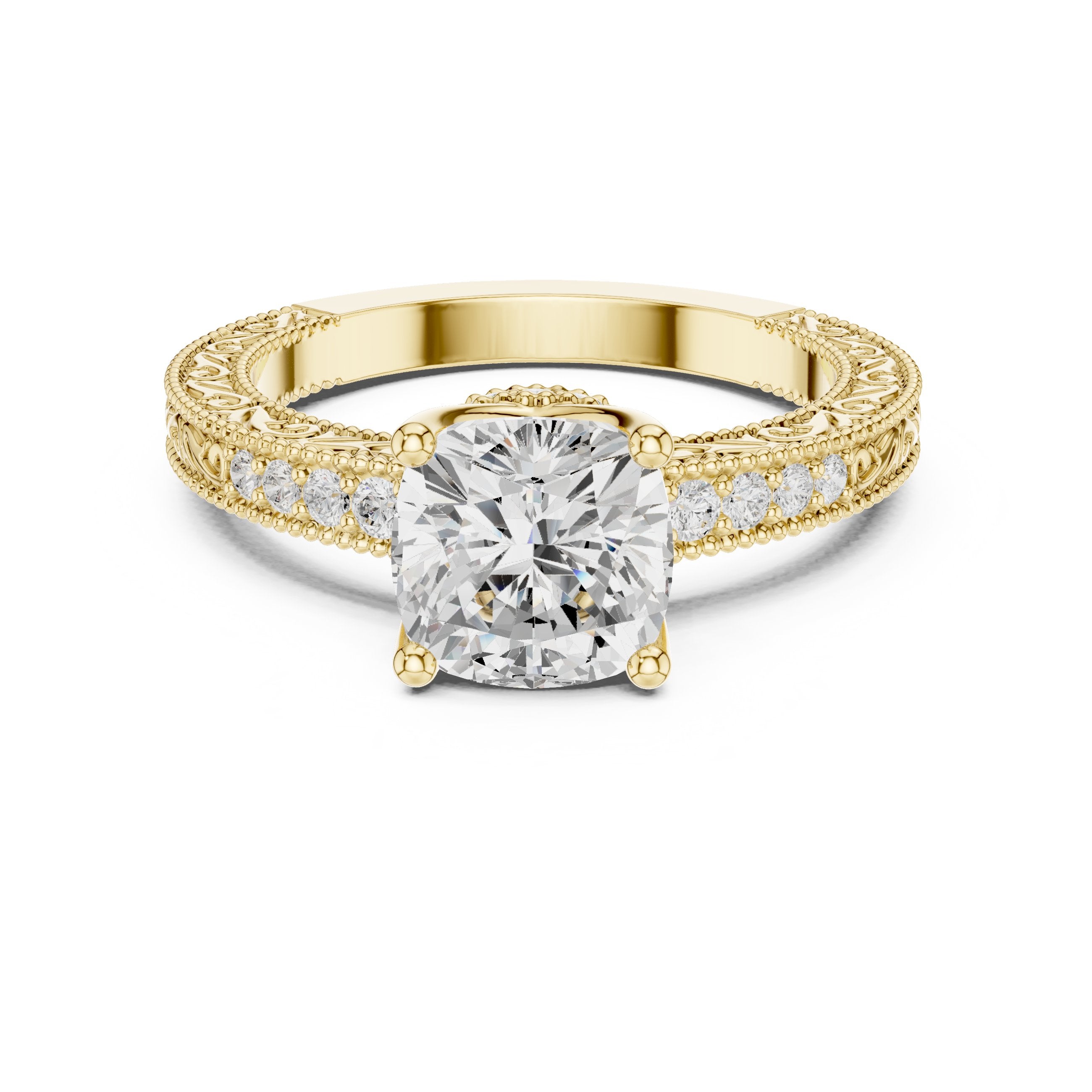Cushion Cut Engagement Ring with Vintage Milgrain Pavé Band in Yellow Gold - VYKA Diamonds