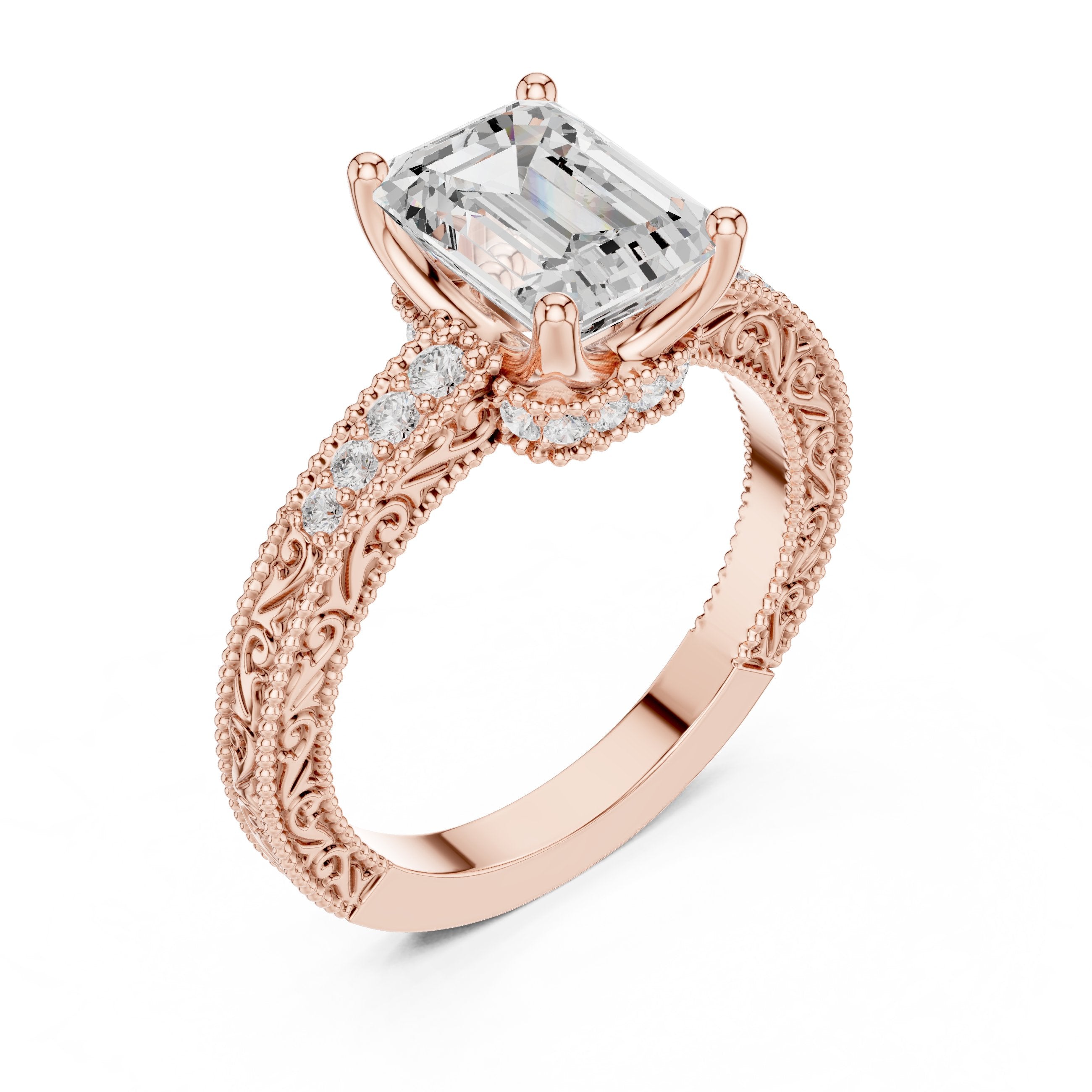 Emerald Cut Engagement Ring with Vintage Milgrain Pavé Band in Rose Gold - VYKA Diamonds