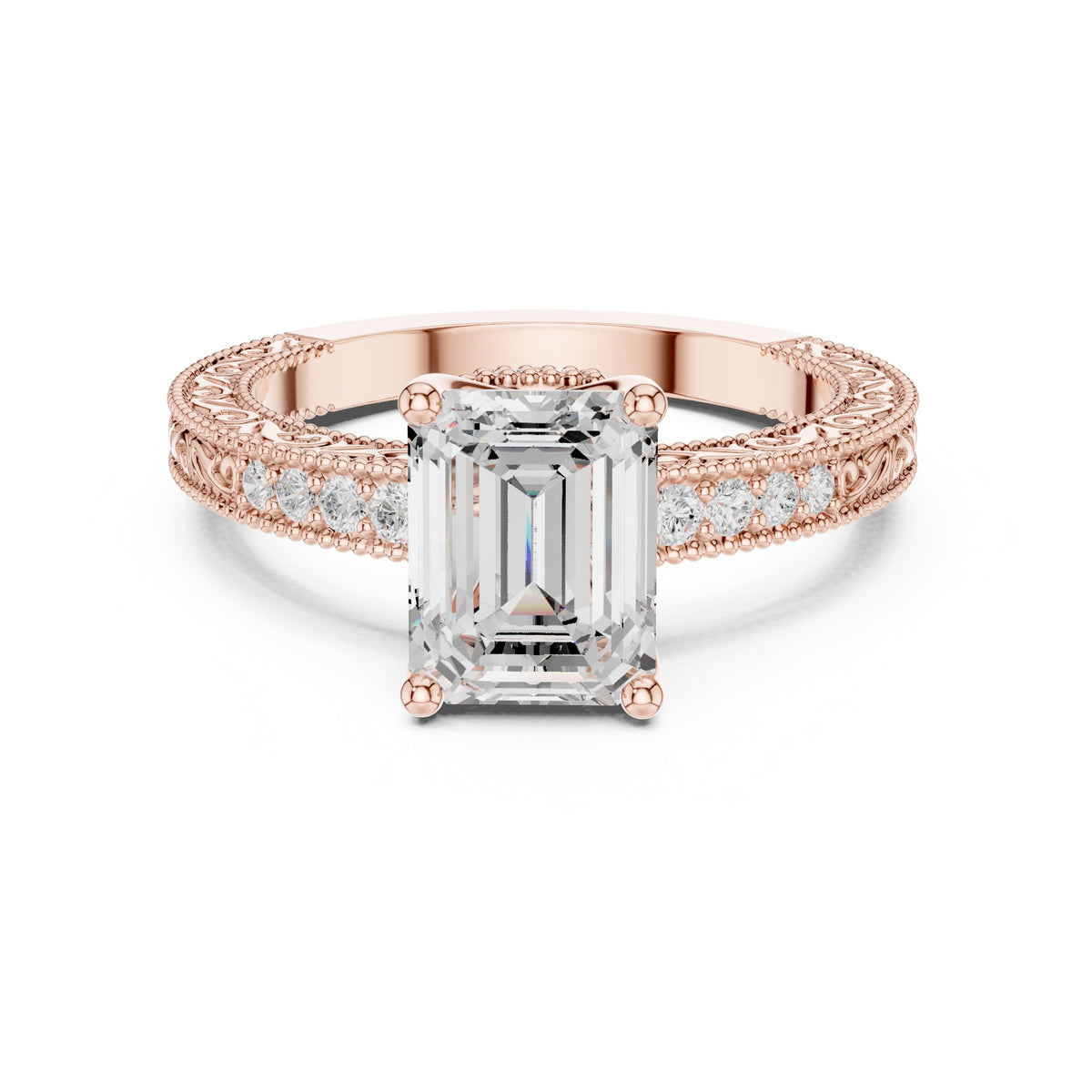Emerald Cut Engagement Ring with Vintage Milgrain Pavé Band