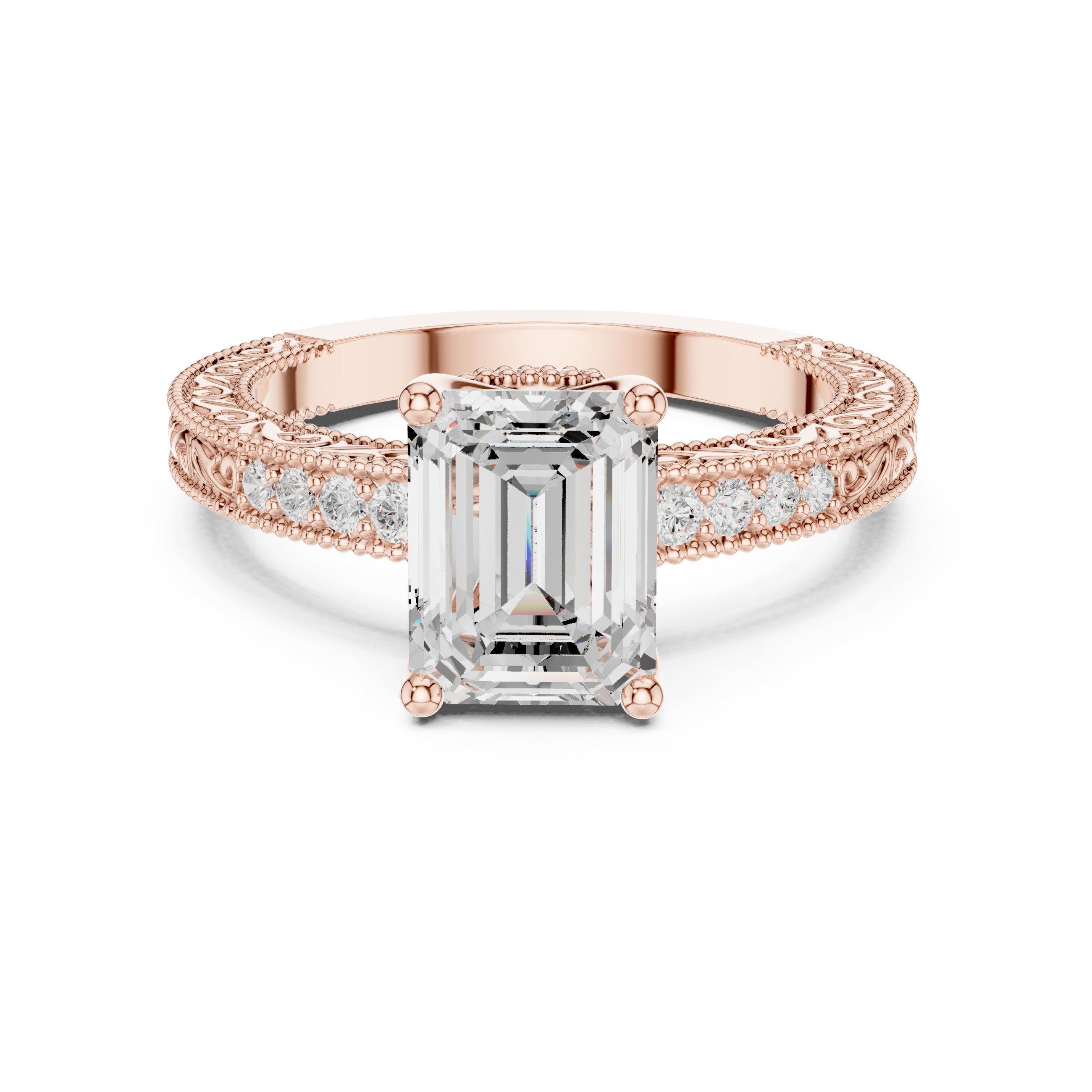 Emerald Cut Engagement Ring with Vintage Milgrain Pavé Band in Rose Gold - VYKA Diamonds
