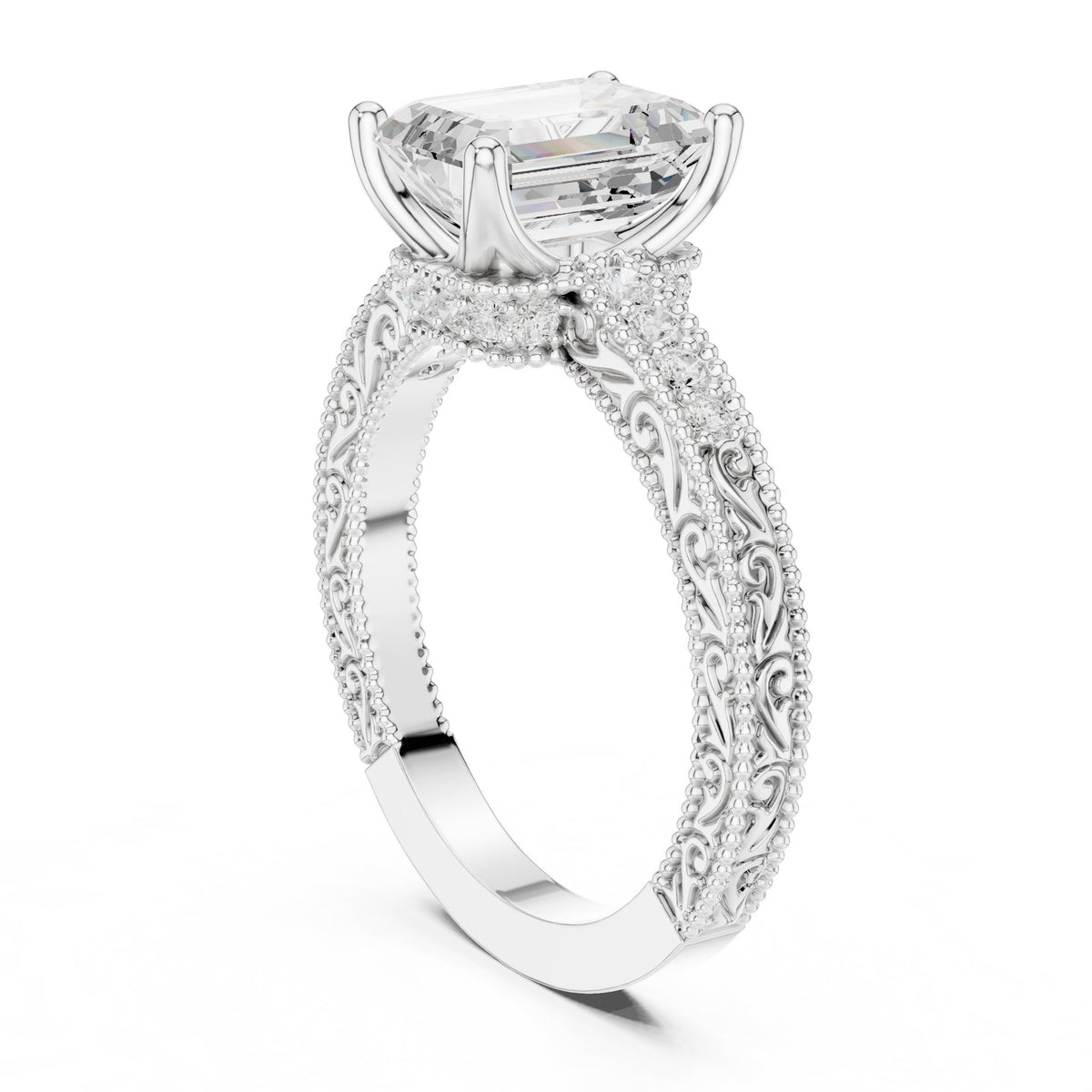 Emerald Cut Engagement Ring with Vintage Milgrain Pavé Band