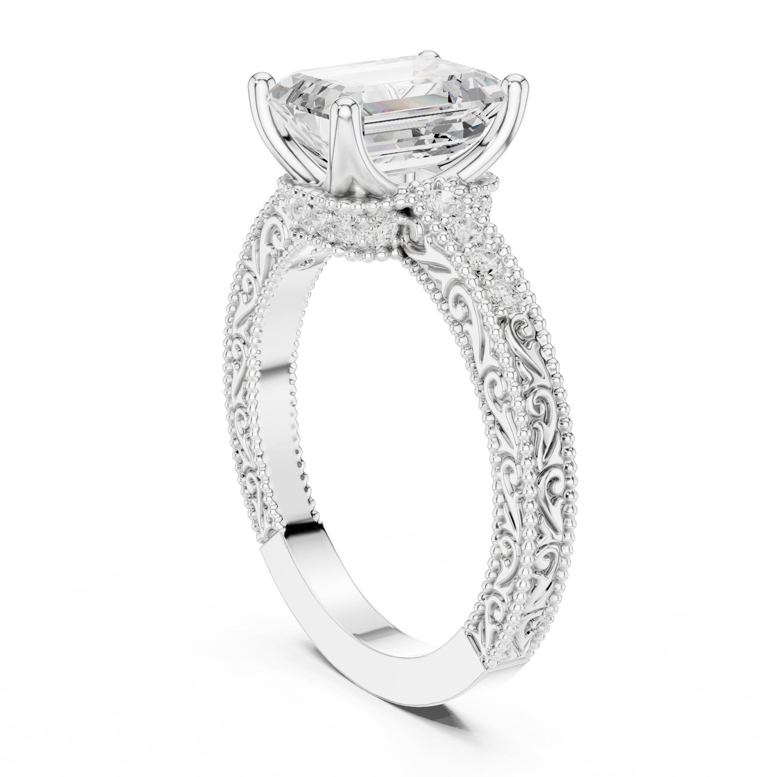 Emerald Cut Engagement Ring with Vintage Milgrain Pavé Band in White Gold - VYKA Diamonds