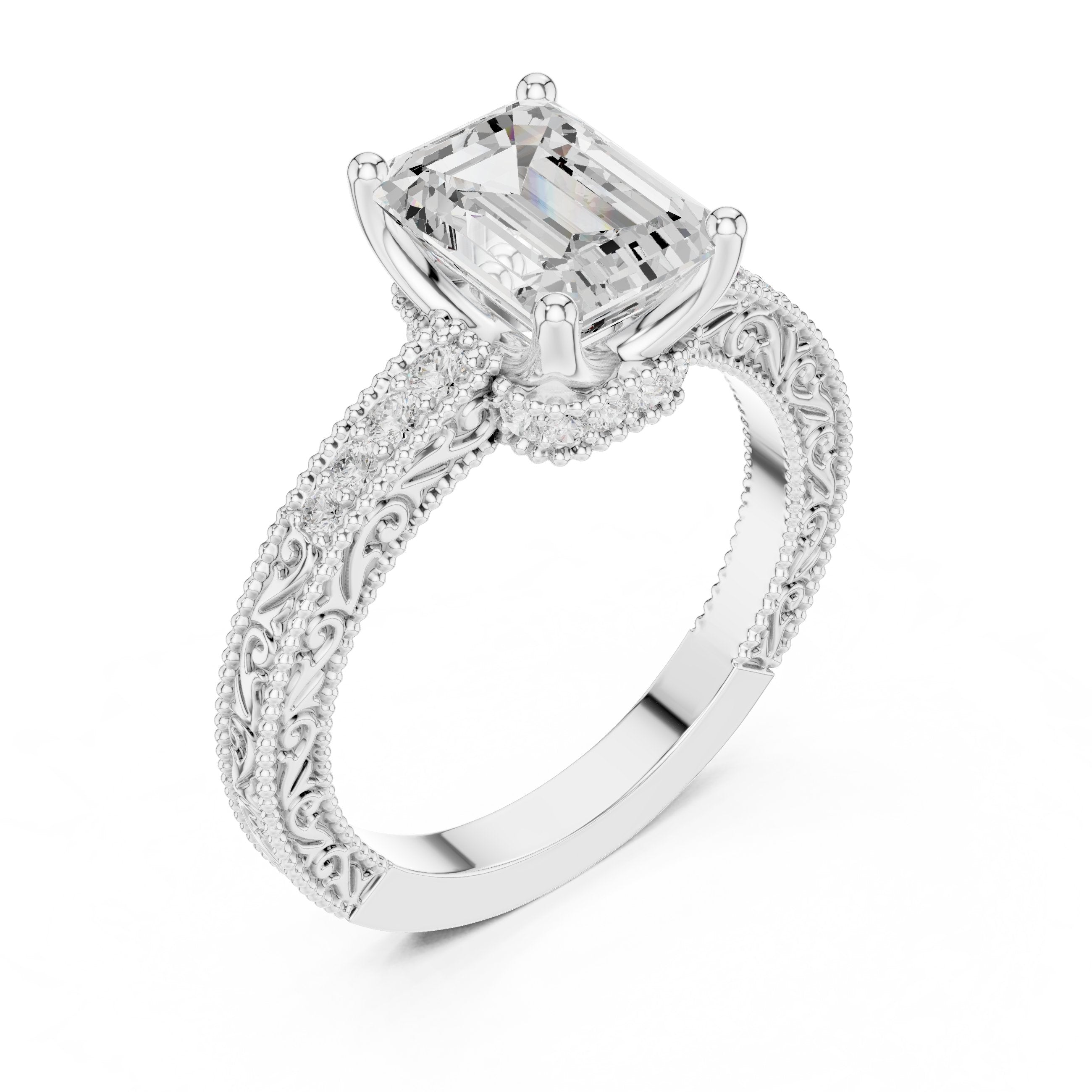 Emerald Cut Engagement Ring with Vintage Milgrain Pavé Band in White Gold - VYKA Diamonds