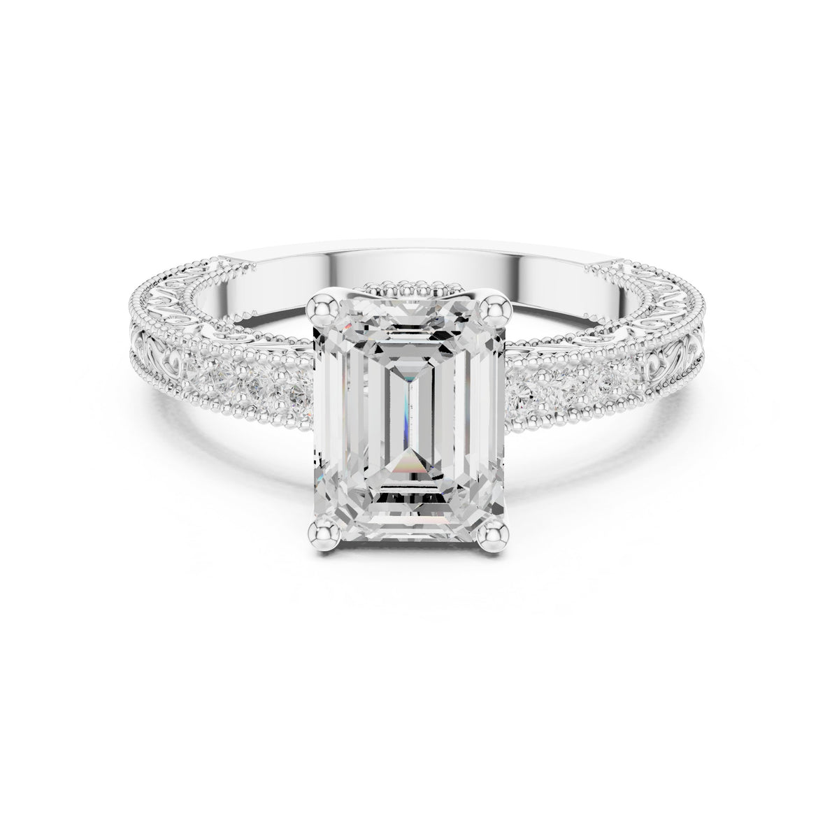 Emerald Cut Engagement Ring with Vintage Milgrain Pavé Band