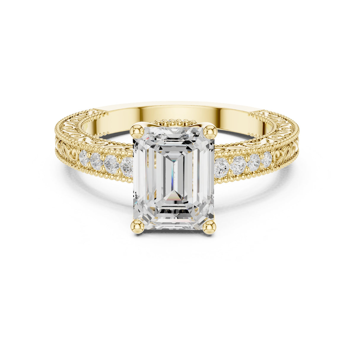 Emerald Cut Engagement Ring with Vintage Milgrain Pavé Band