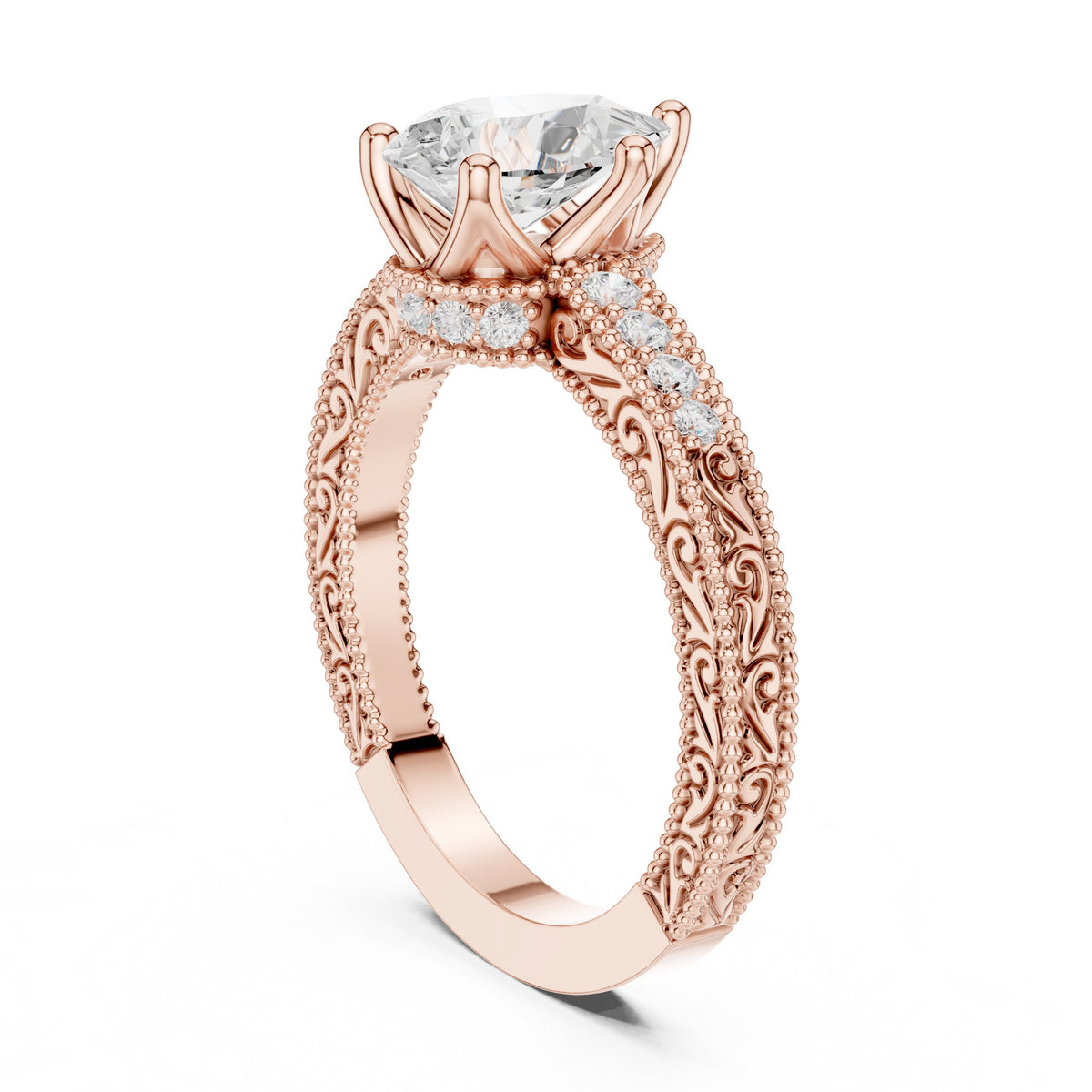 Pear Diamond Engagement Ring with Leaf Accents and Milgrain Band