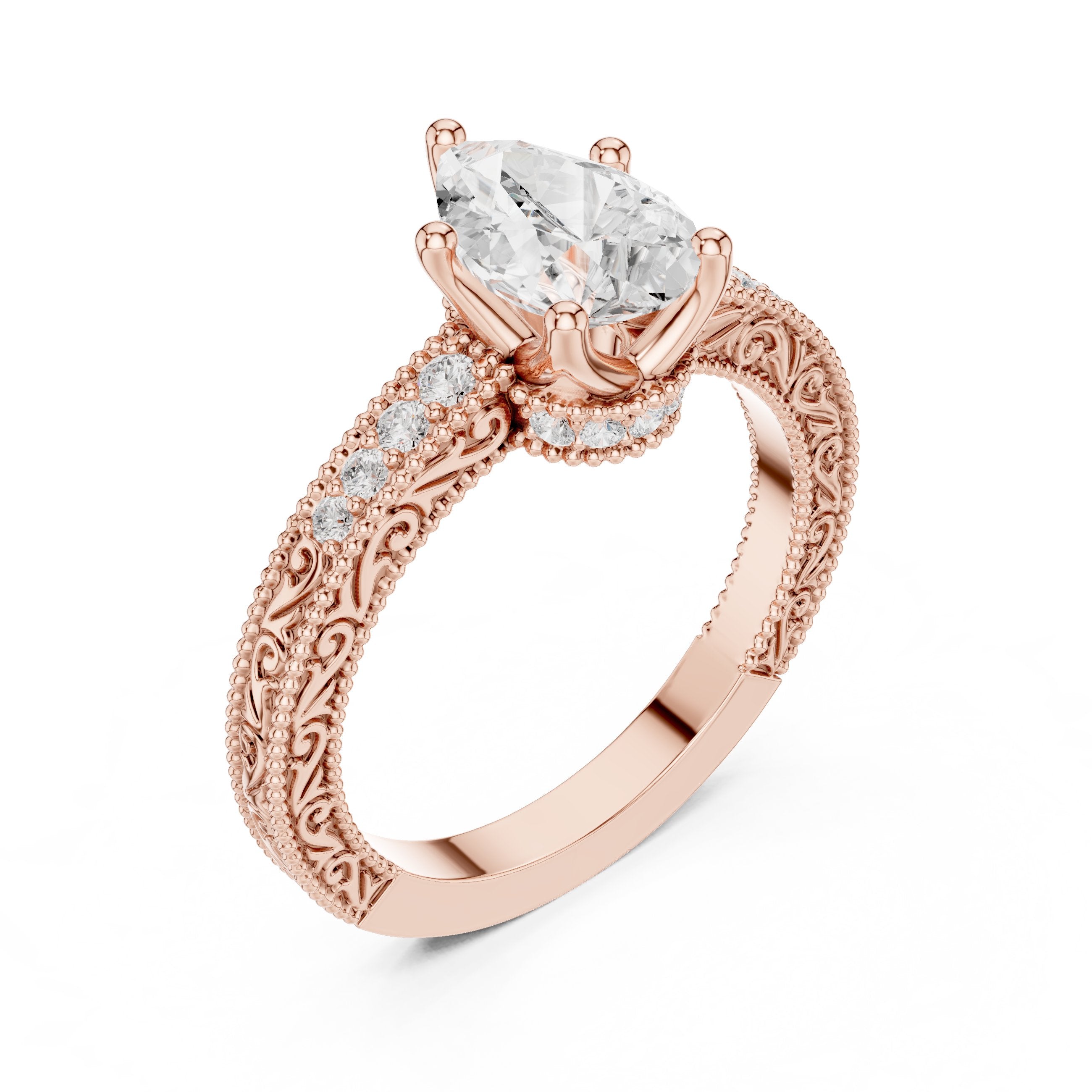 Pear Diamond Engagement Ring with Leaf Accents and Milgrain Band in Rose Gold - VYKA Diamonds