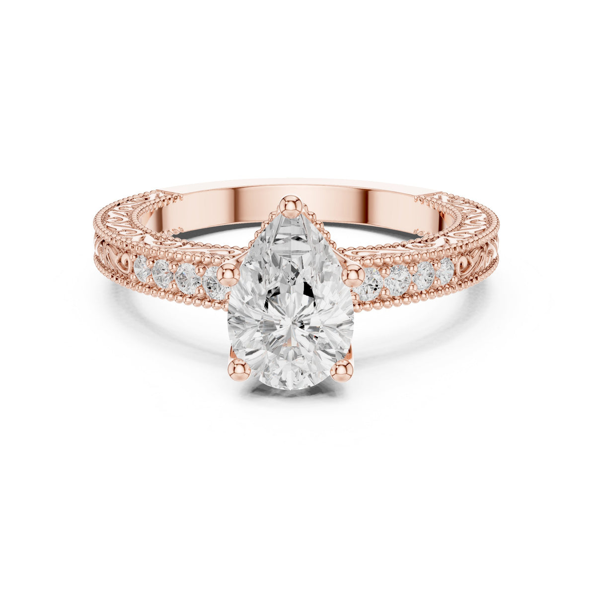 Pear Diamond Engagement Ring with Leaf Accents and Milgrain Band