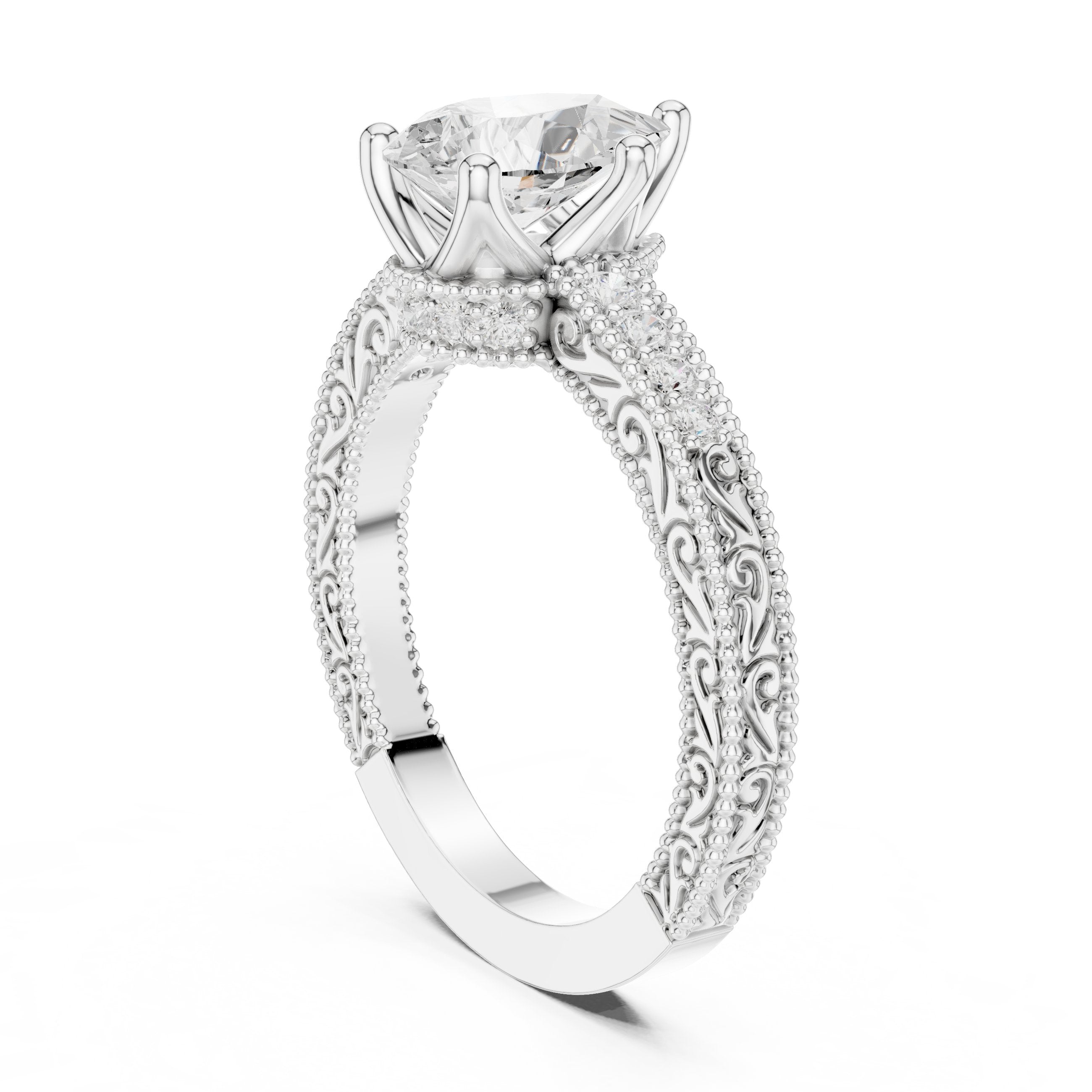 Pear Diamond Engagement Ring with Leaf Accents and Milgrain Band in White Gold - VYKA Diamonds