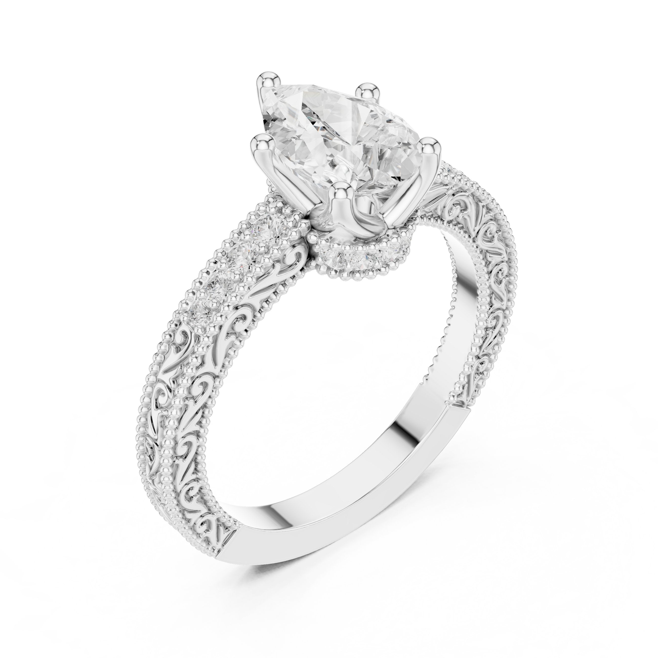 Pear Diamond Engagement Ring with Leaf Accents and Milgrain Band in White Gold - VYKA Diamonds
