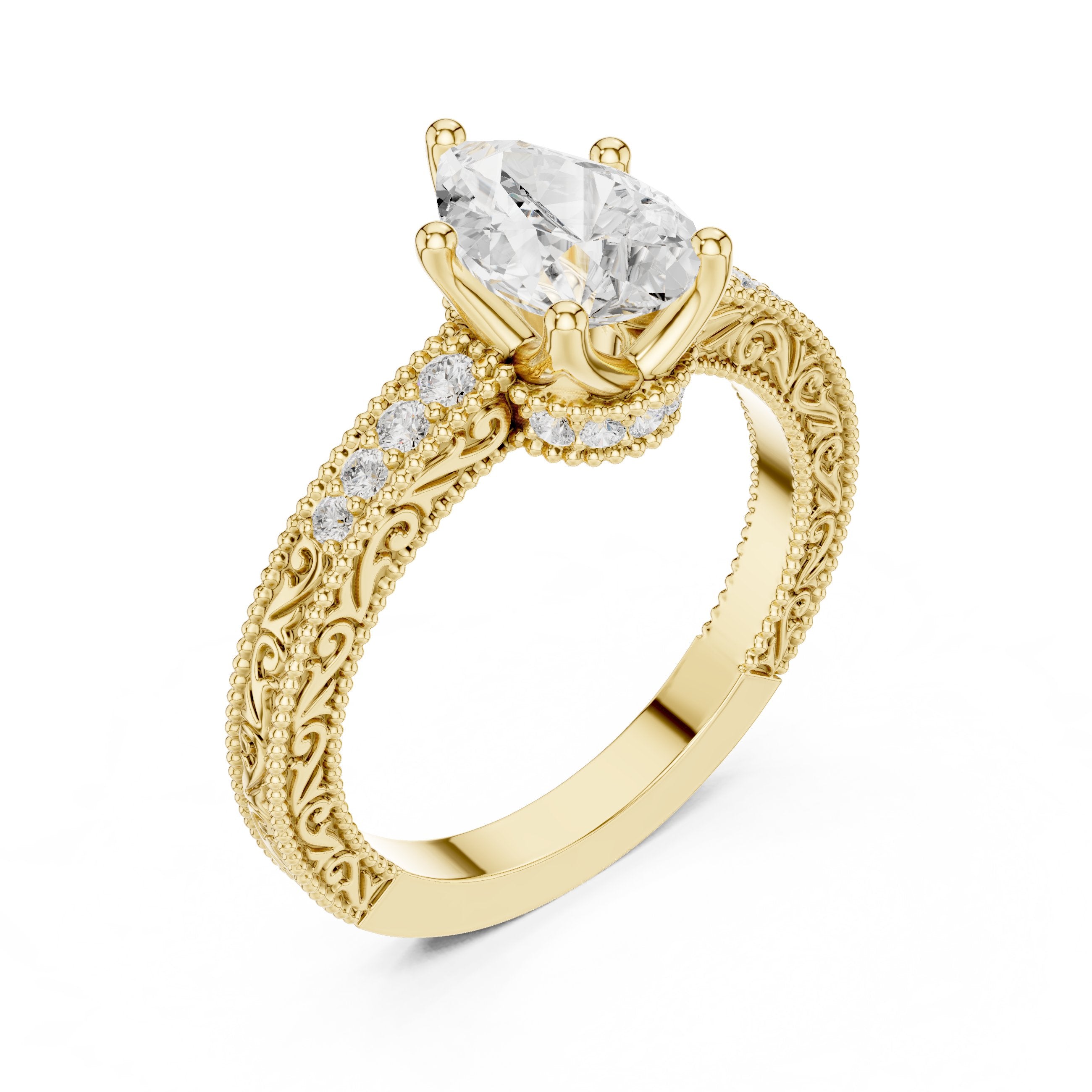 Pear Diamond Engagement Ring with Leaf Accents and Milgrain Band in Yellow Gold - VYKA Diamonds