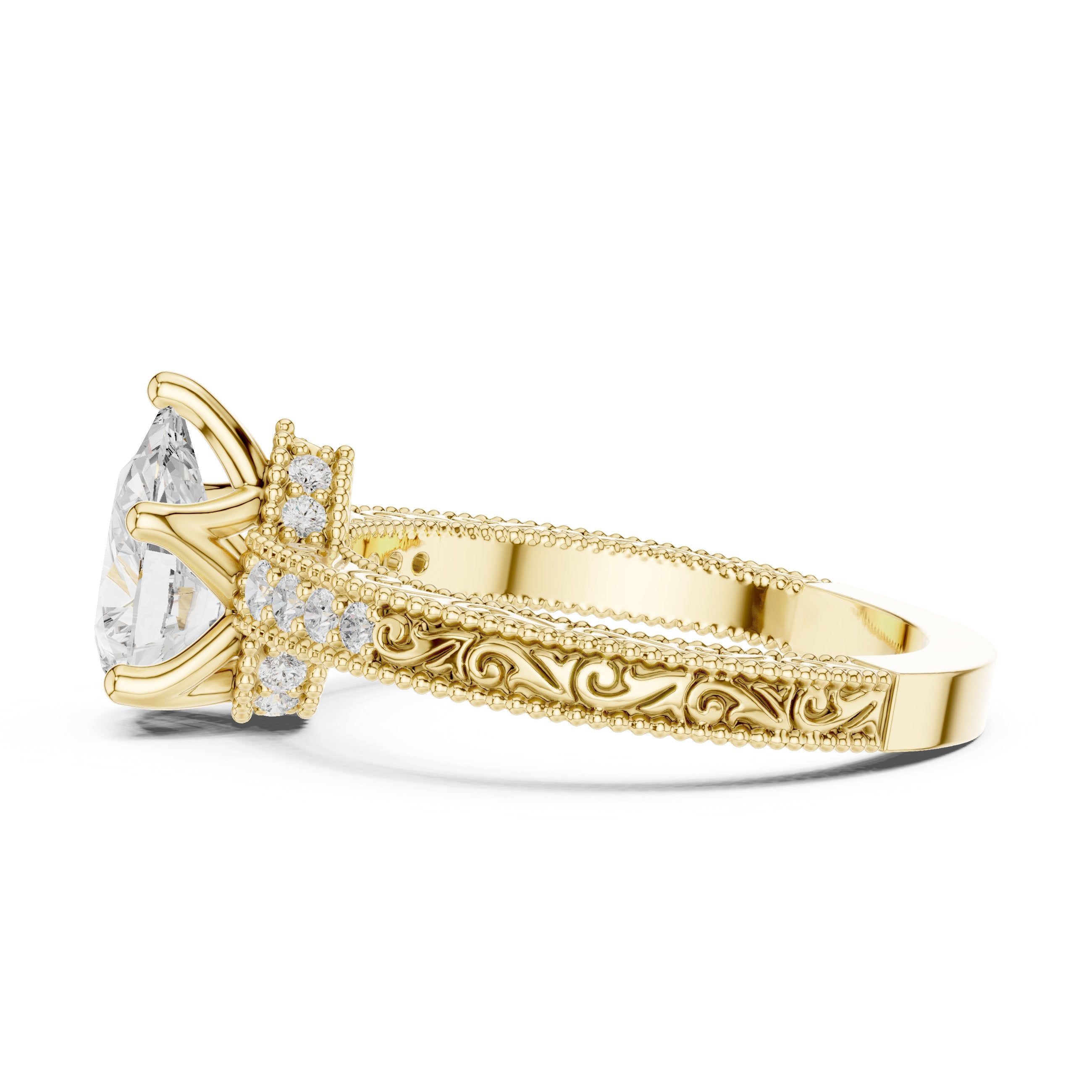 Pear Diamond Engagement Ring with Leaf Accents and Milgrain Band in Yellow Gold - VYKA Diamonds
