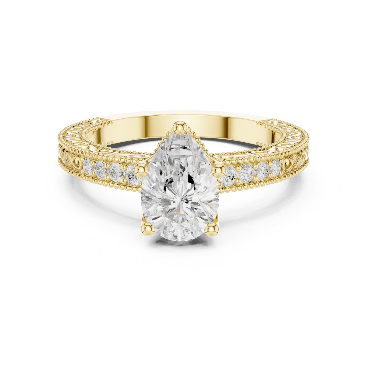 Pear Diamond Engagement Ring with Leaf Accents and Milgrain Band