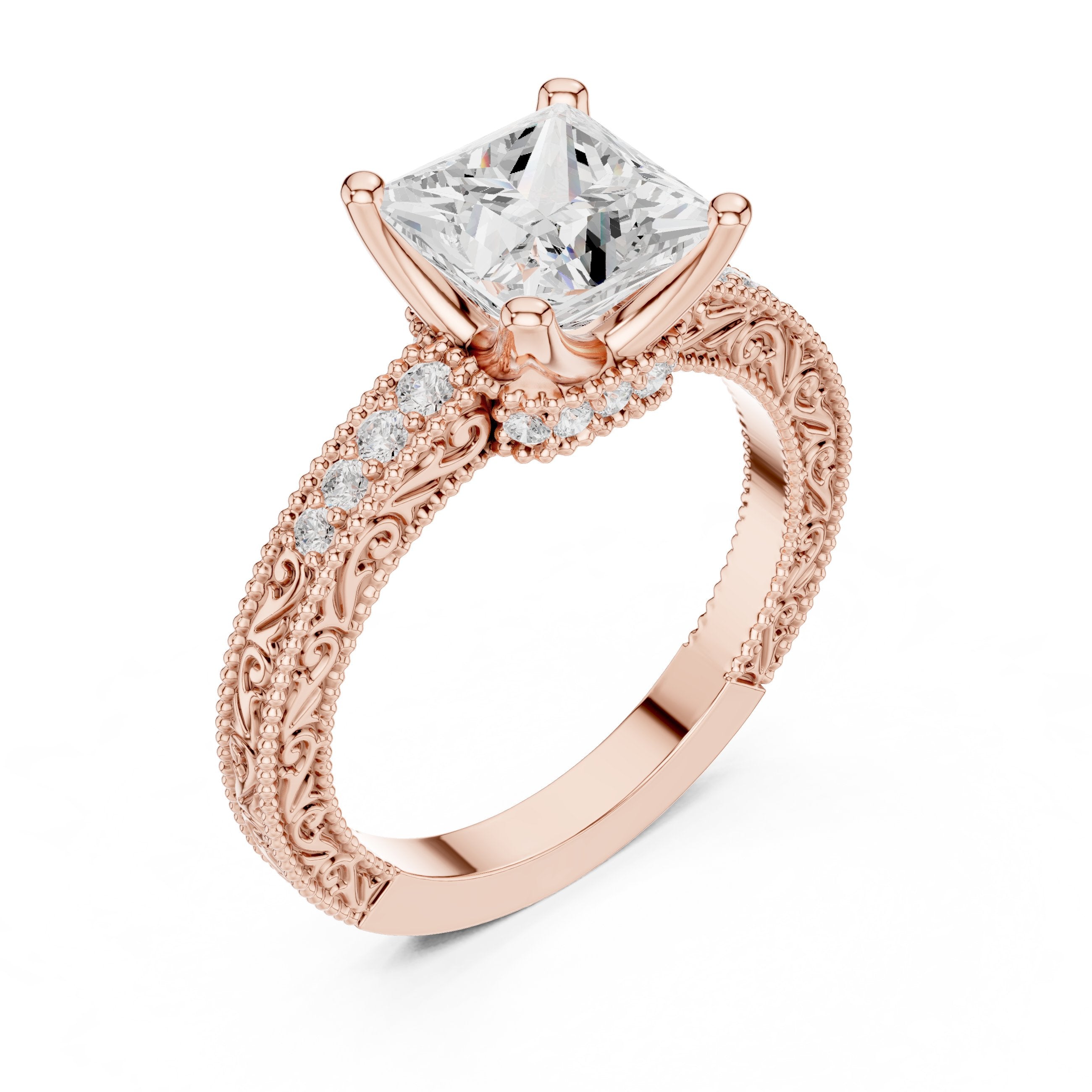 Princess Cut Engagement Ring with Vintage Milgrain Pavé Band in Rose Gold - VYKA Diamonds