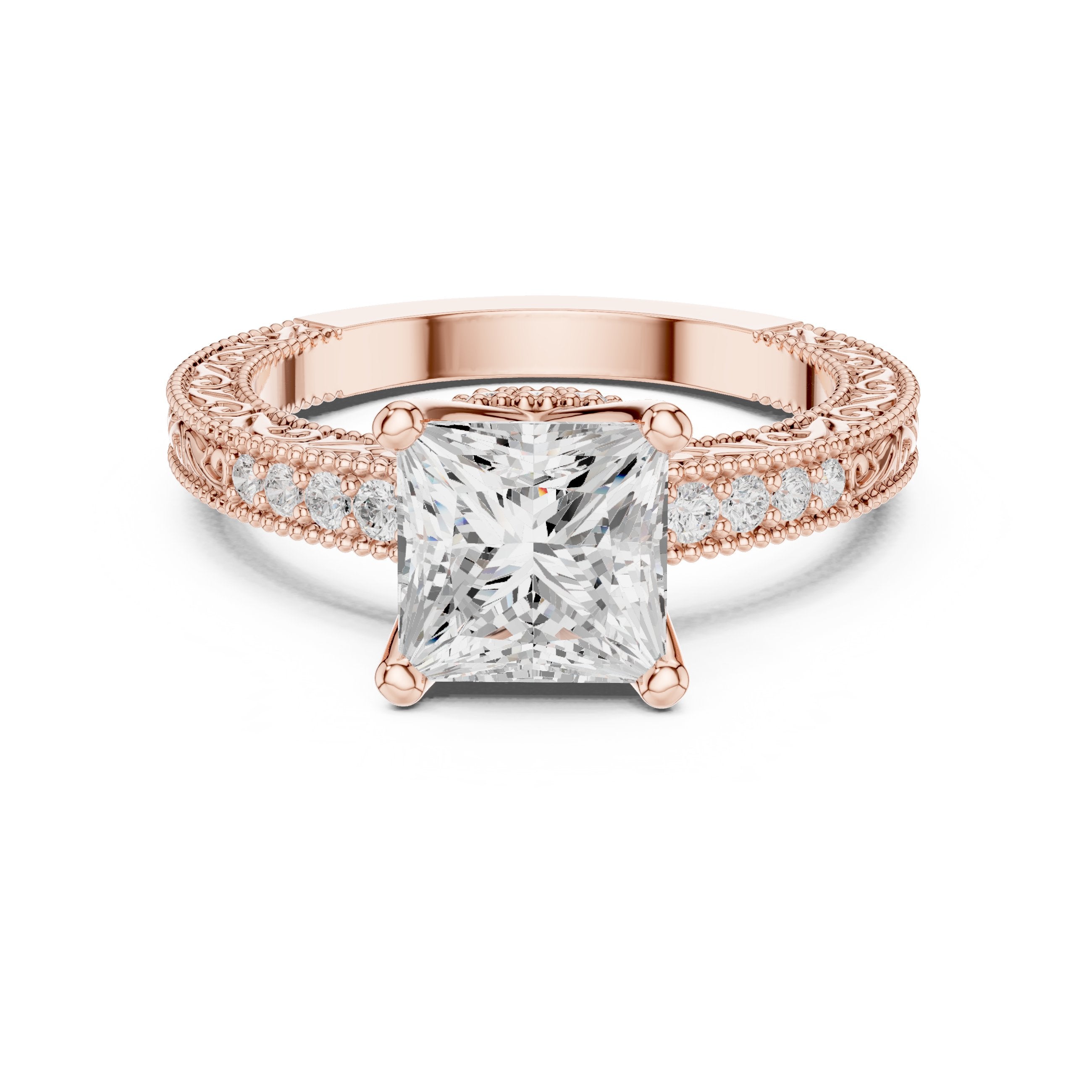 Princess Cut Engagement Ring with Vintage Milgrain Pavé Band in Rose Gold - VYKA Diamonds