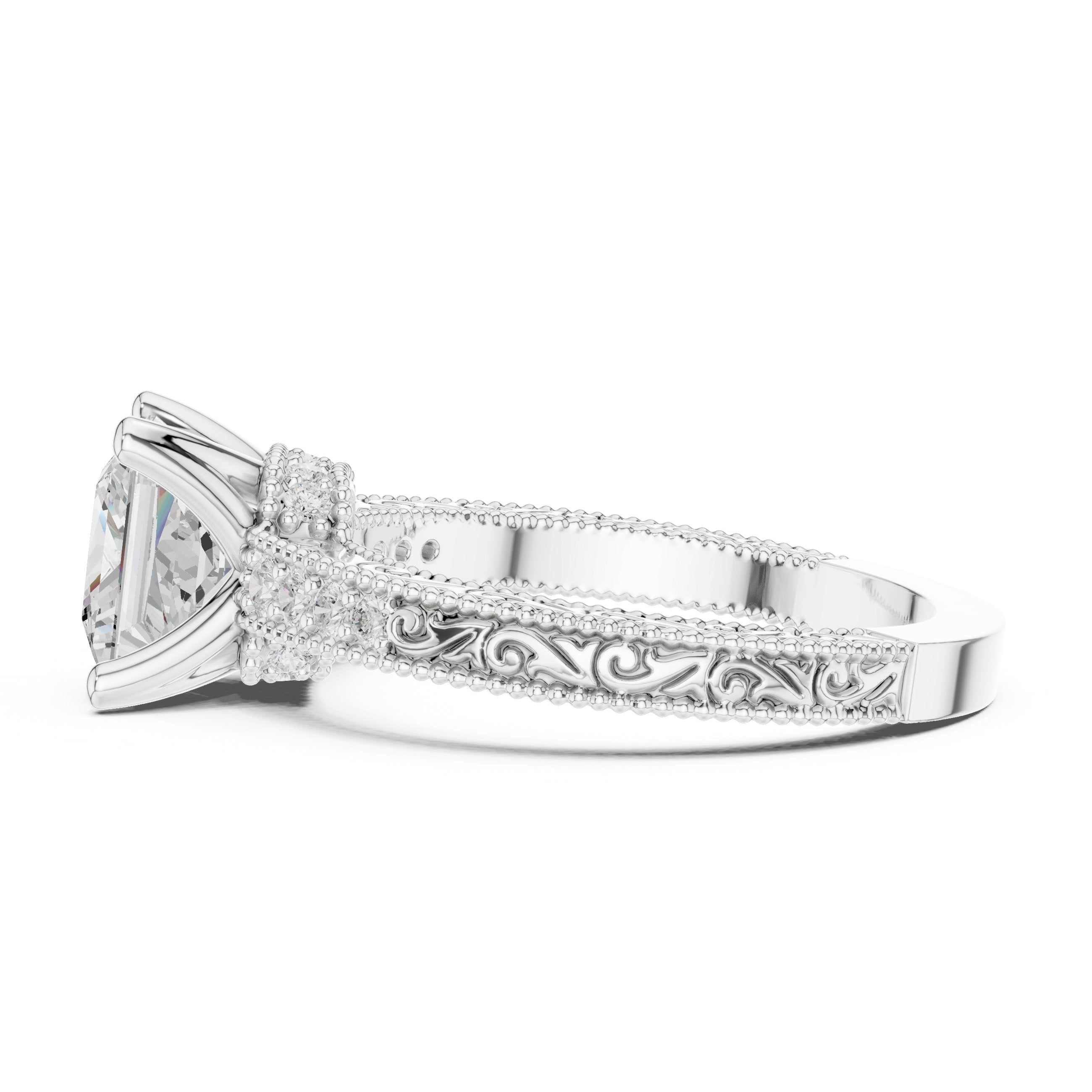 Princess Cut Engagement Ring with Vintage Milgrain Pavé Band in White Gold - VYKA Diamonds