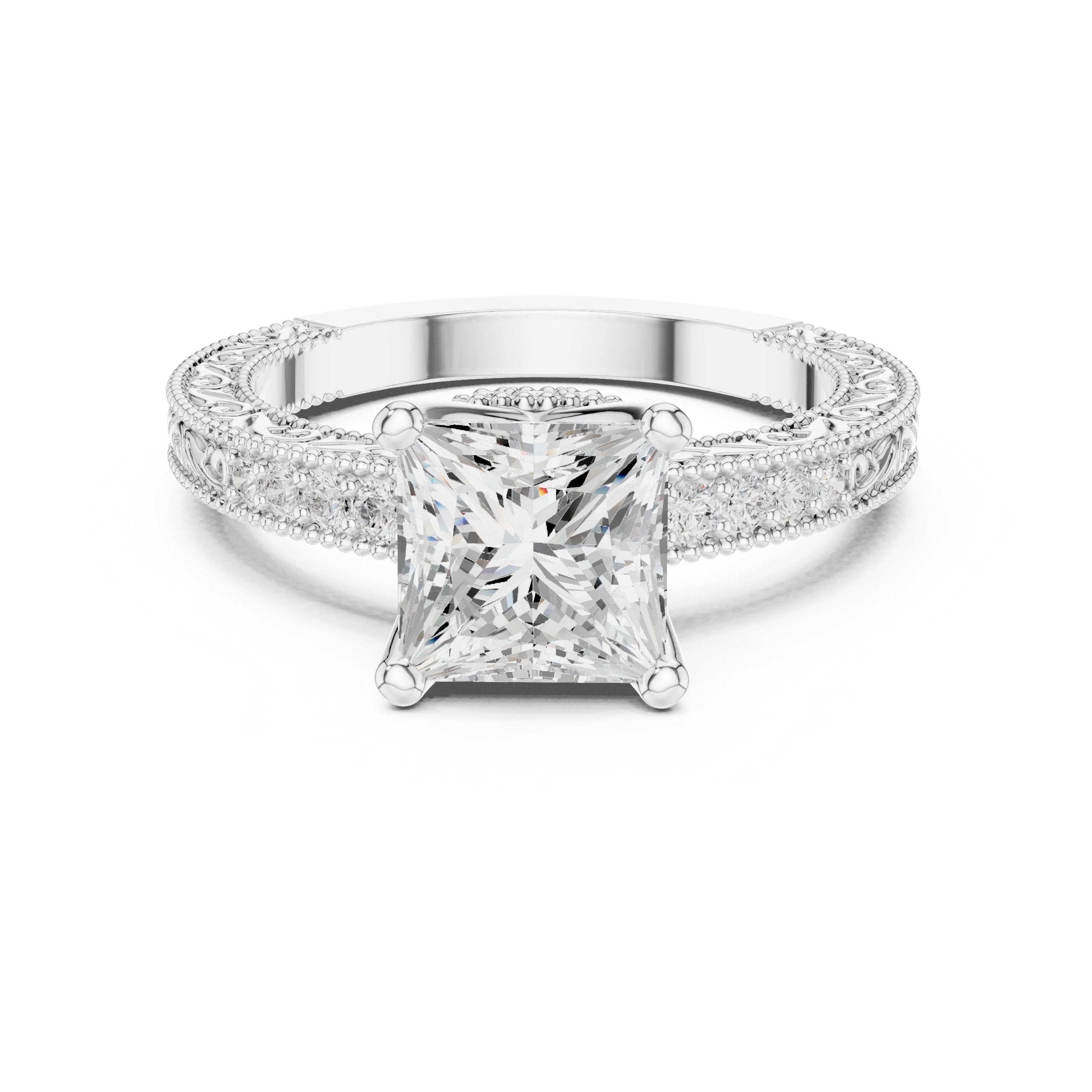 Princess Cut Engagement Ring with Vintage Milgrain Pavé Band in White Gold - VYKA Diamonds