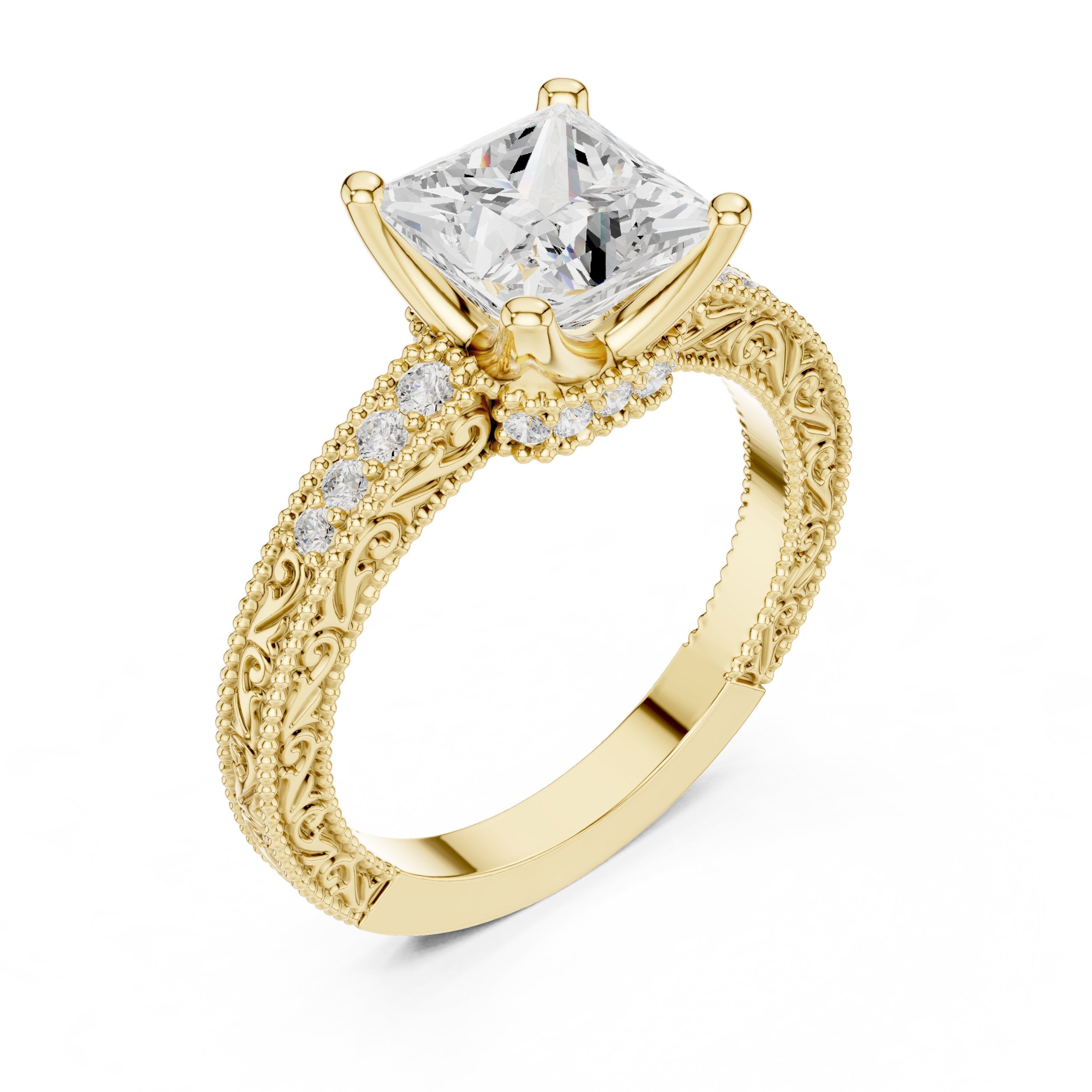 Princess Cut Engagement Ring with Vintage Milgrain Pavé Band in Yellow Gold - VYKA Diamonds