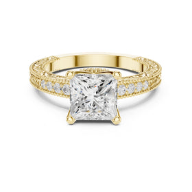 Princess Cut Engagement Ring with Vintage Milgrain Pavé Band