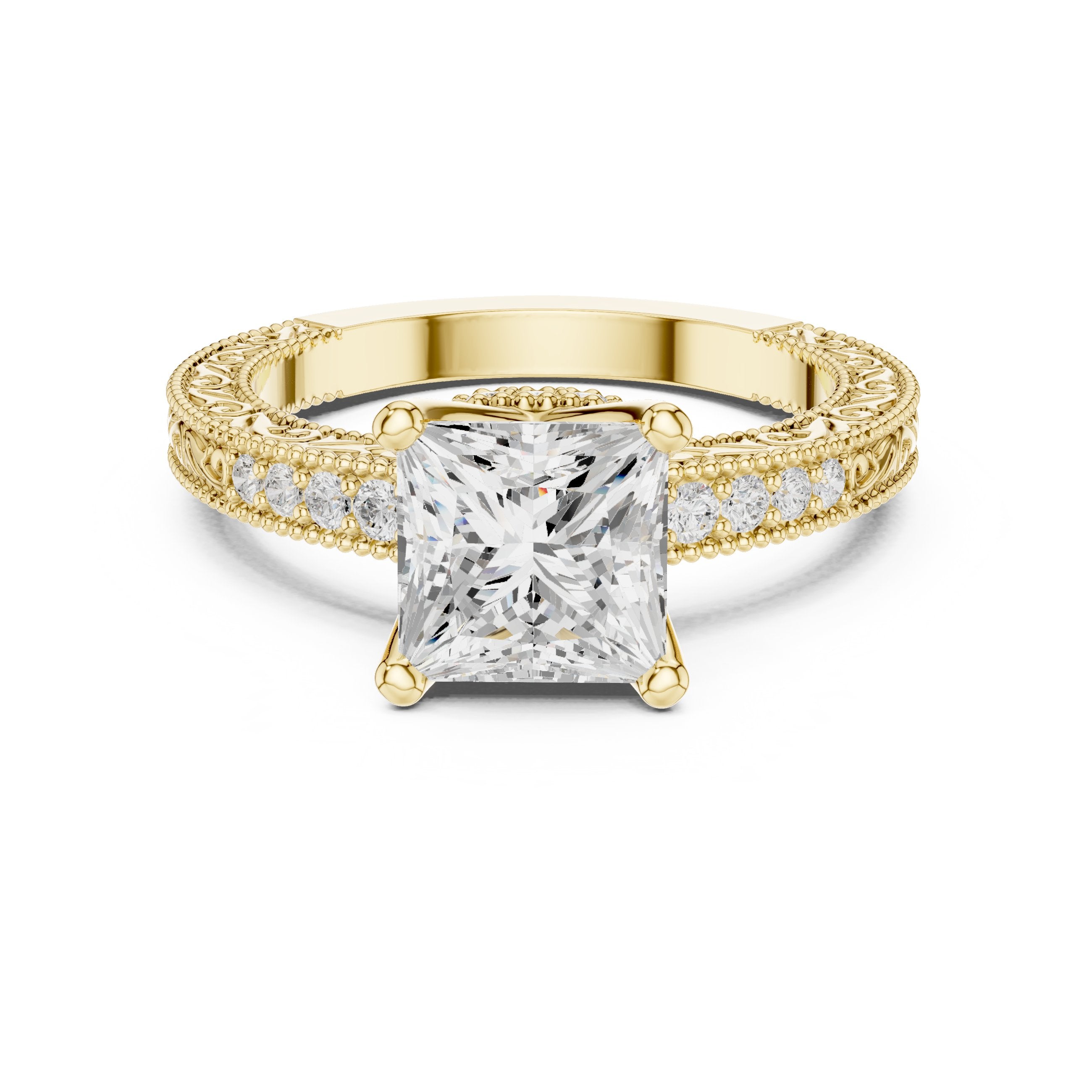 Princess Cut Engagement Ring with Vintage Milgrain Pavé Band in Yellow Gold - VYKA Diamonds