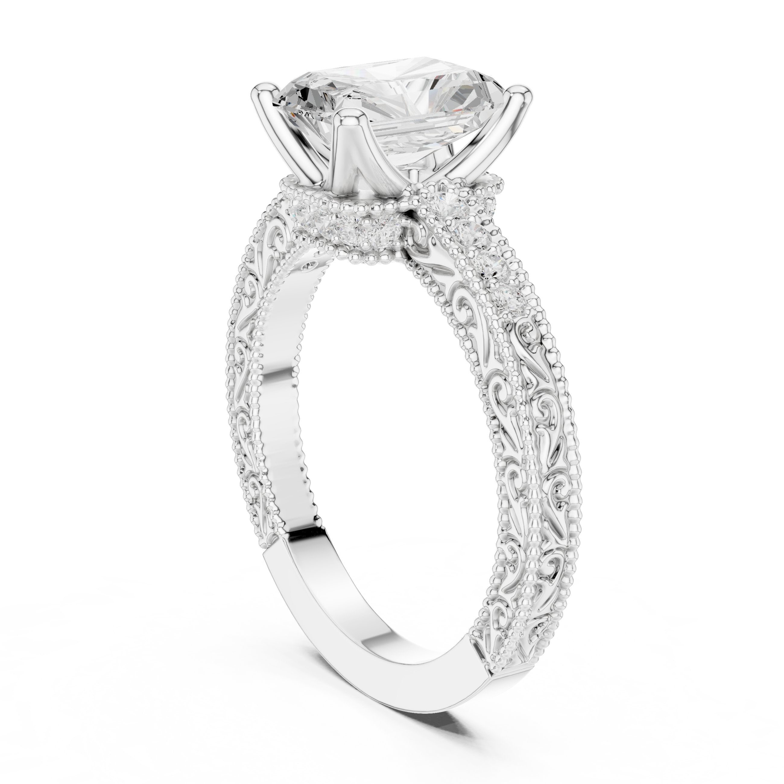 Radiant Cut Engagement Ring with Vintage Milgrain Pavé Band in White Gold - VYKA Diamonds