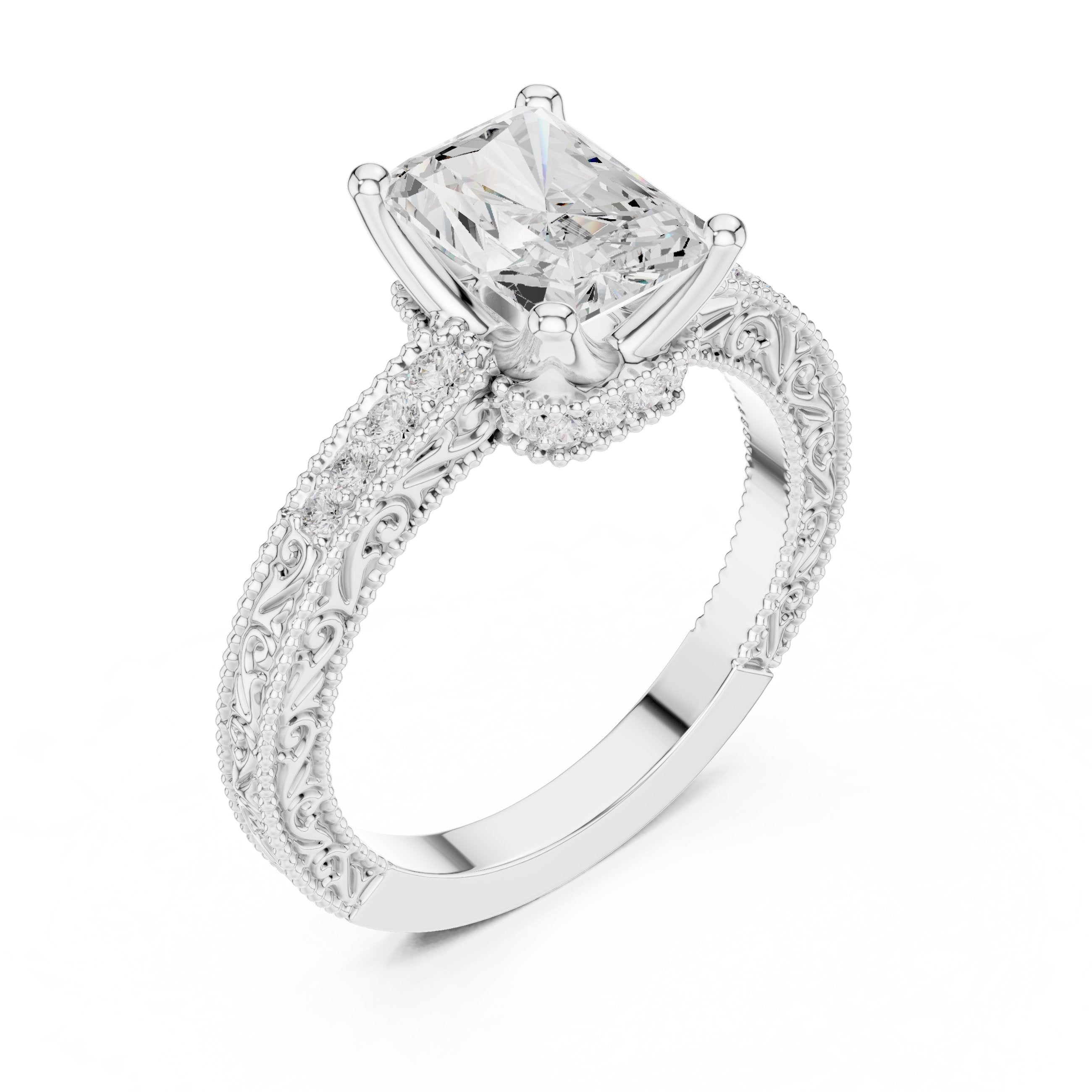 Radiant Cut Engagement Ring with Vintage Milgrain Pavé Band in White Gold - VYKA Diamonds