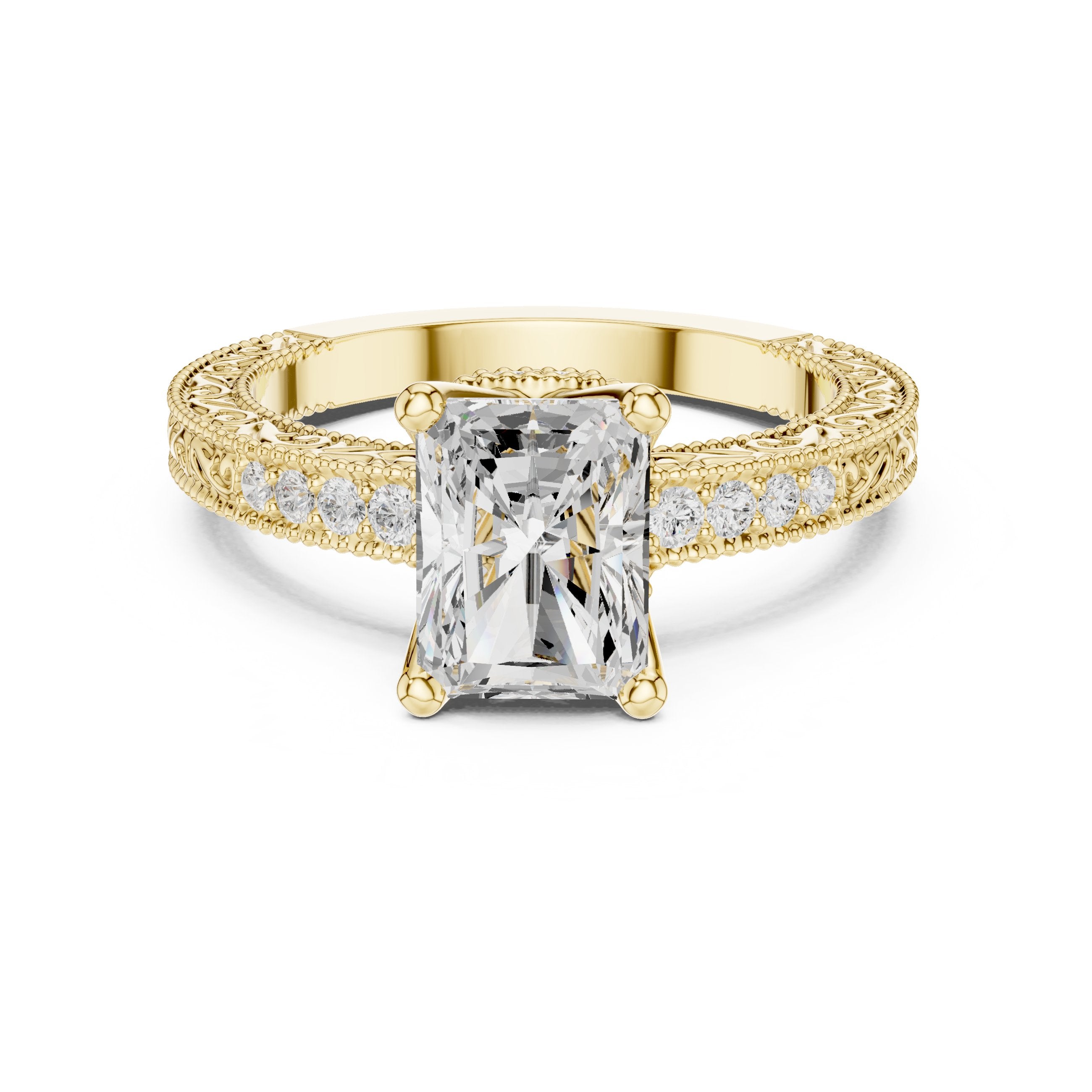 Radiant Cut Engagement Ring with Vintage Milgrain Pavé Band in Yellow Gold - VYKA Diamonds