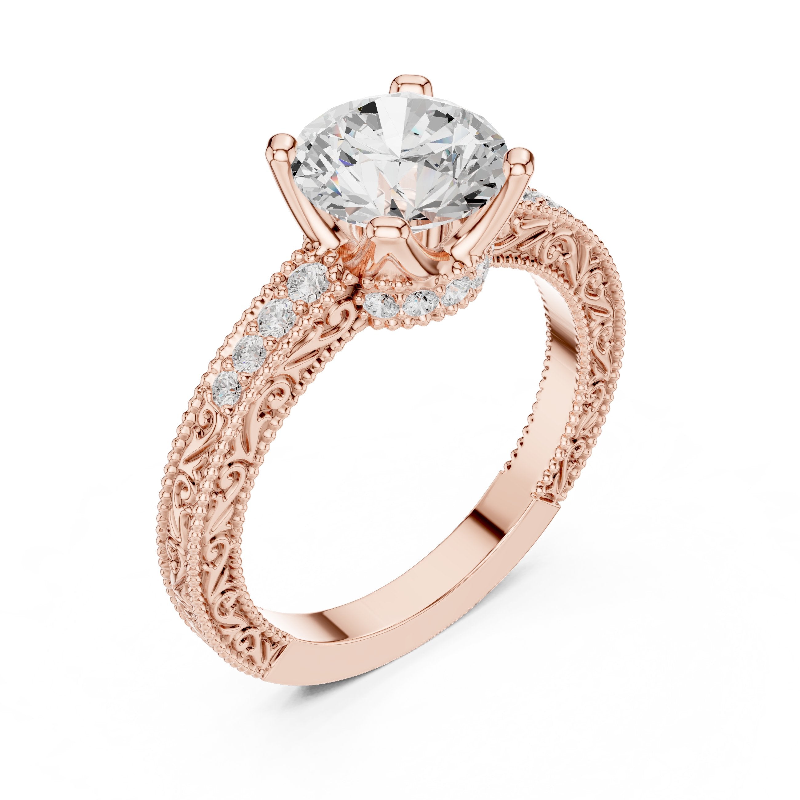 خاتم خطوبة بألماسة مستديرة مع سوار بافيه ميلغرين كلاسيكي in Rose Gold - VYKA Diamonds