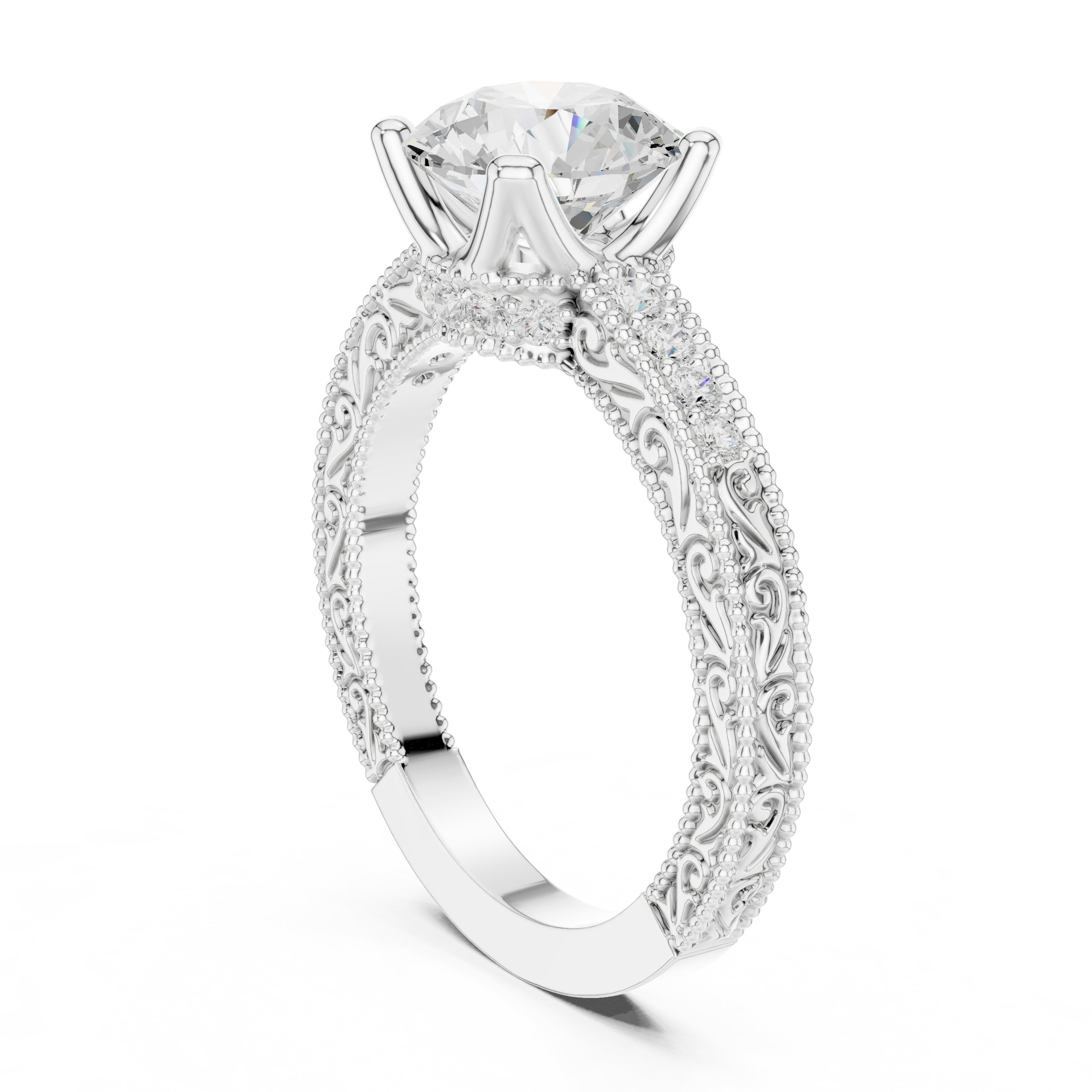 خاتم خطوبة بألماسة مستديرة مع سوار بافيه ميلغرين كلاسيكي in White Gold - VYKA Diamonds