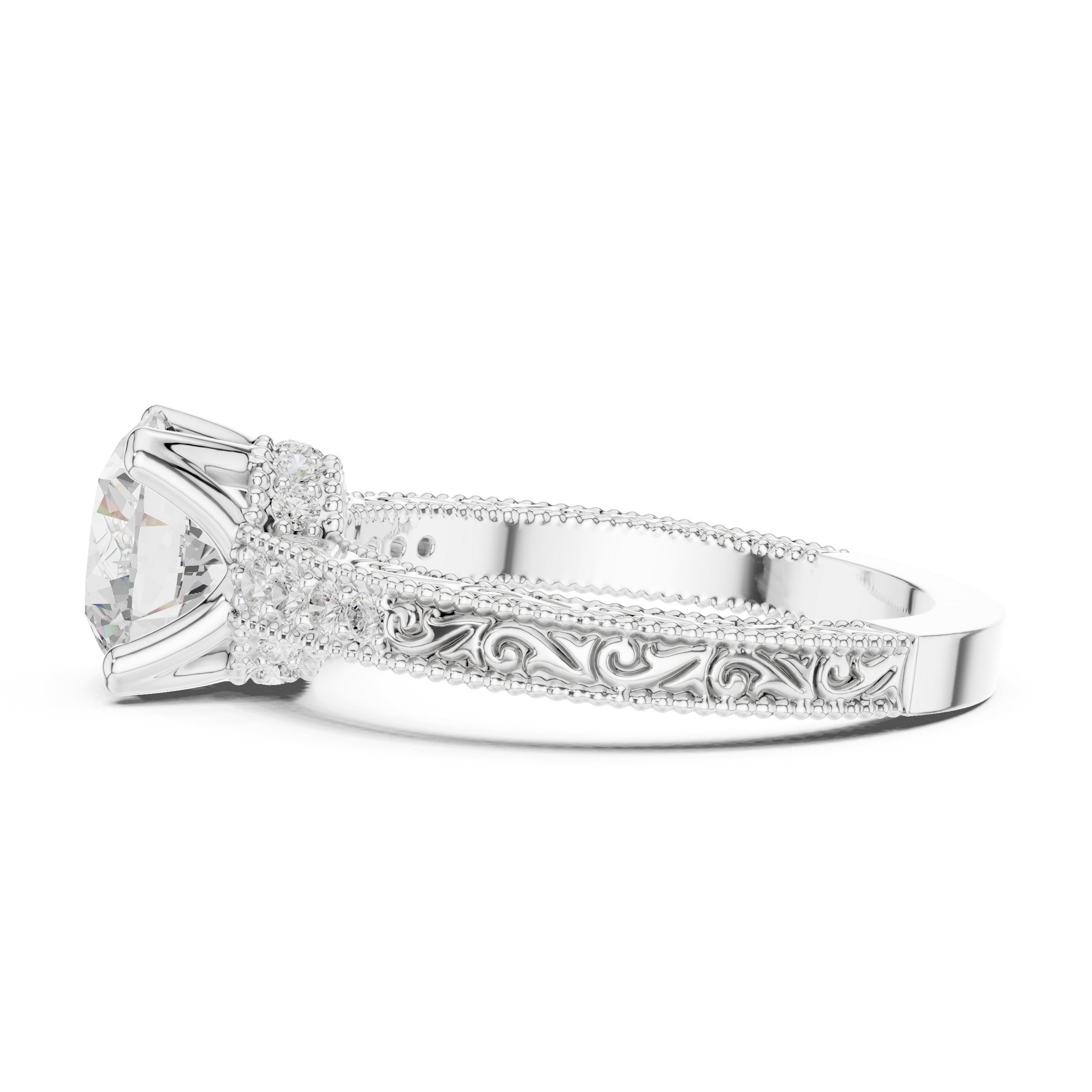خاتم خطوبة بألماسة مستديرة مع سوار بافيه ميلغرين كلاسيكي in White Gold - VYKA Diamonds