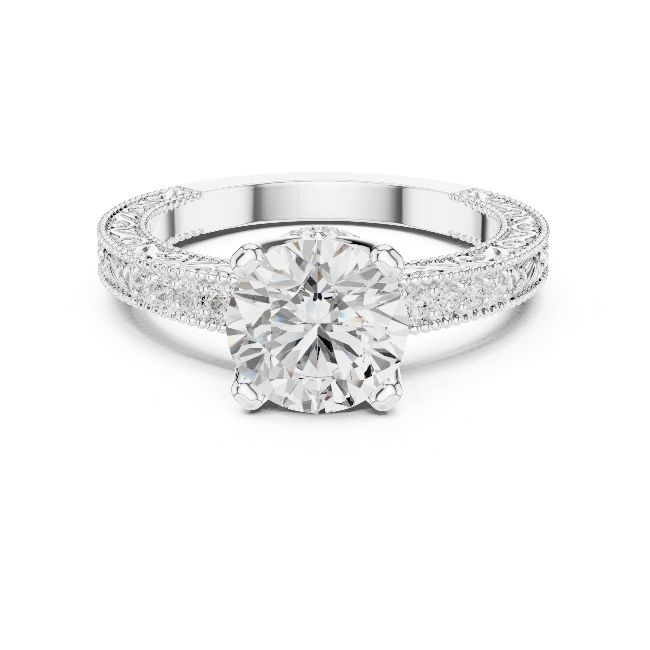 خاتم خطوبة بألماسة مستديرة مع سوار بافيه ميلغرين كلاسيكي in White Gold - VYKA Diamonds
