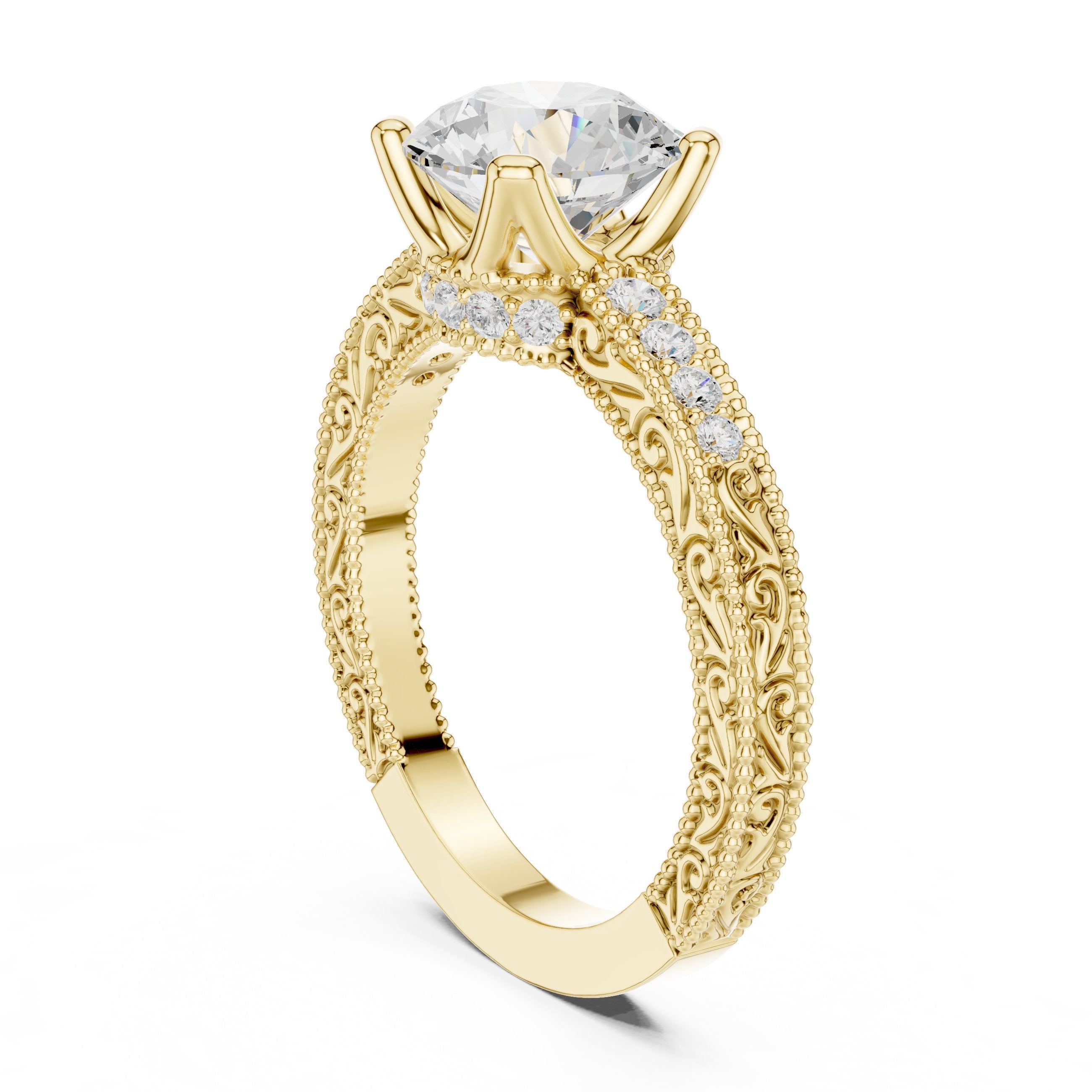 خاتم خطوبة بألماسة مستديرة مع سوار بافيه ميلغرين كلاسيكي in Yellow Gold - VYKA Diamonds