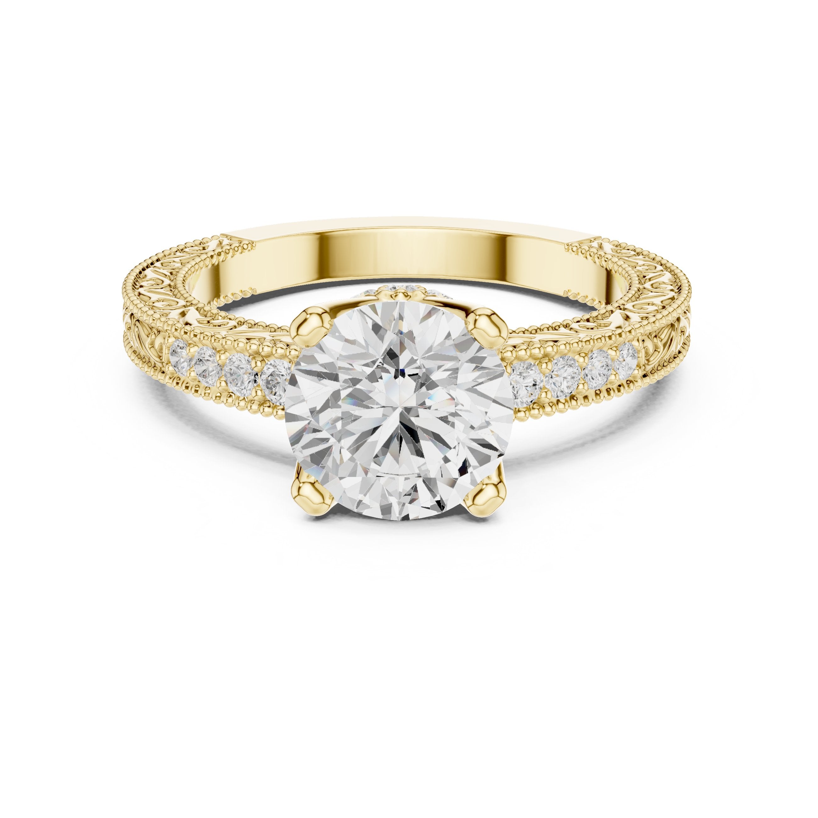 خاتم خطوبة بألماسة مستديرة مع سوار بافيه ميلغرين كلاسيكي in Yellow Gold - VYKA Diamonds