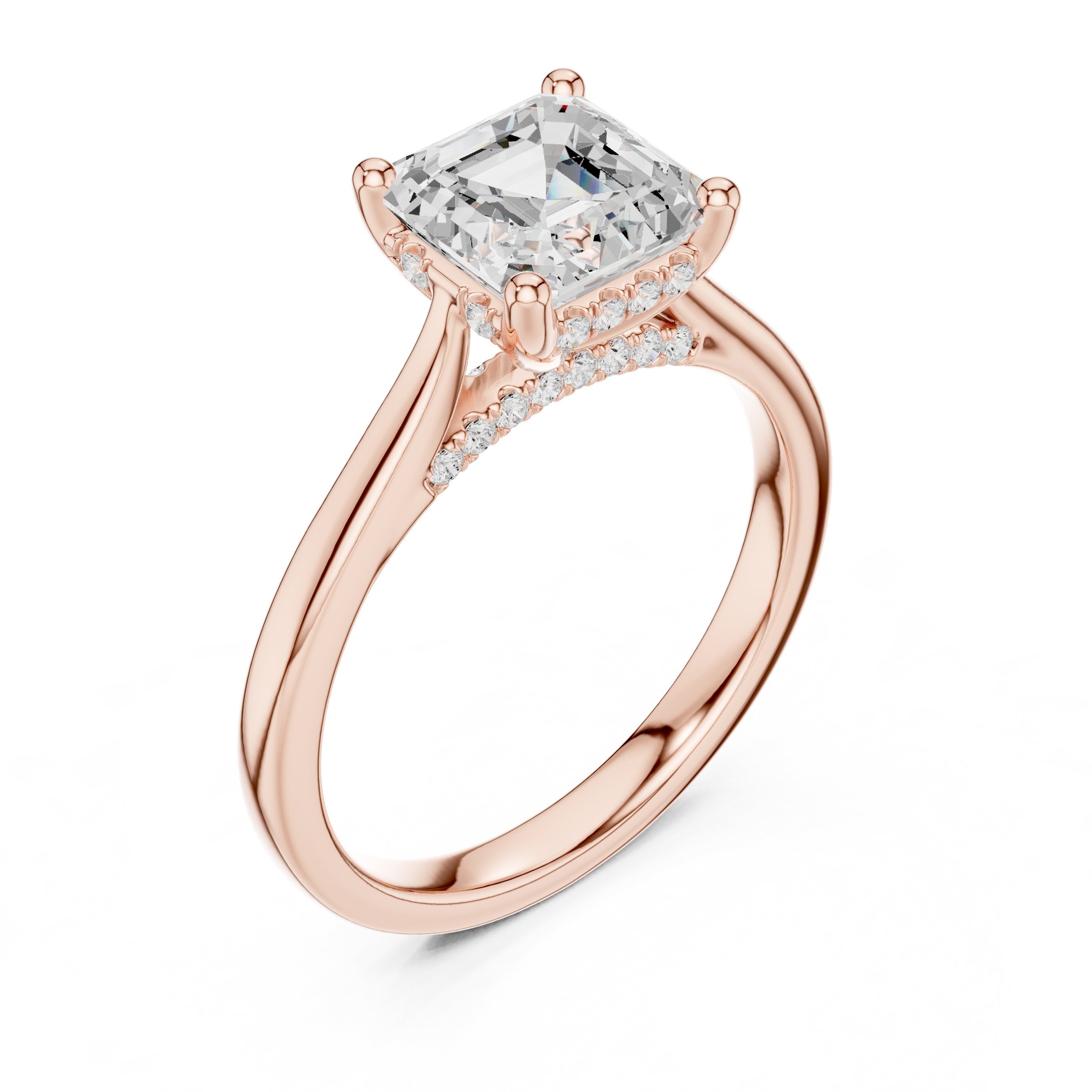 Asscher Cut Engagement Ring with Hidden Halo Accents in Rose Gold - VYKA Diamonds