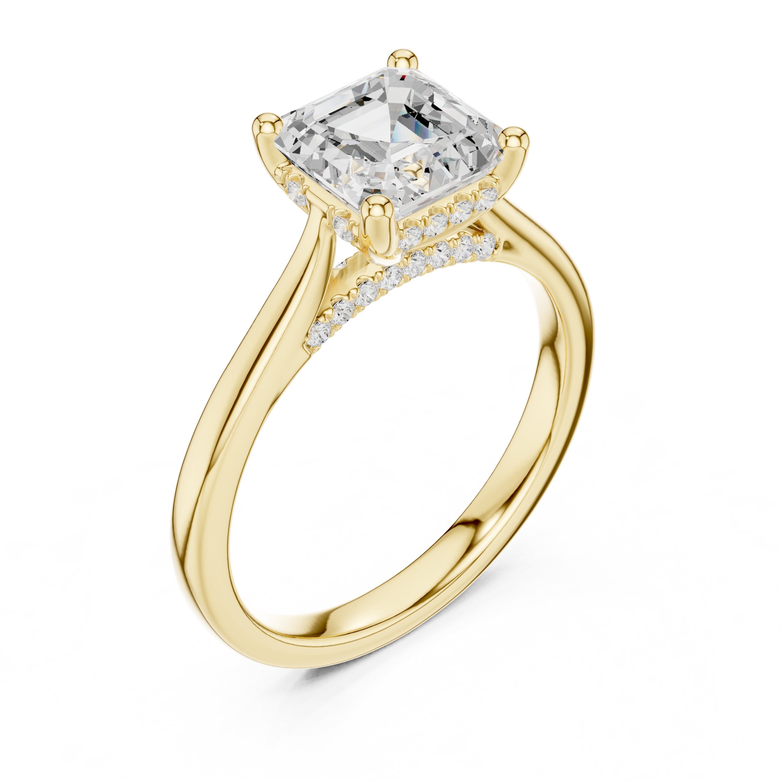 Asscher Cut Engagement Ring with Hidden Halo Accents in Yellow Gold - VYKA Diamonds