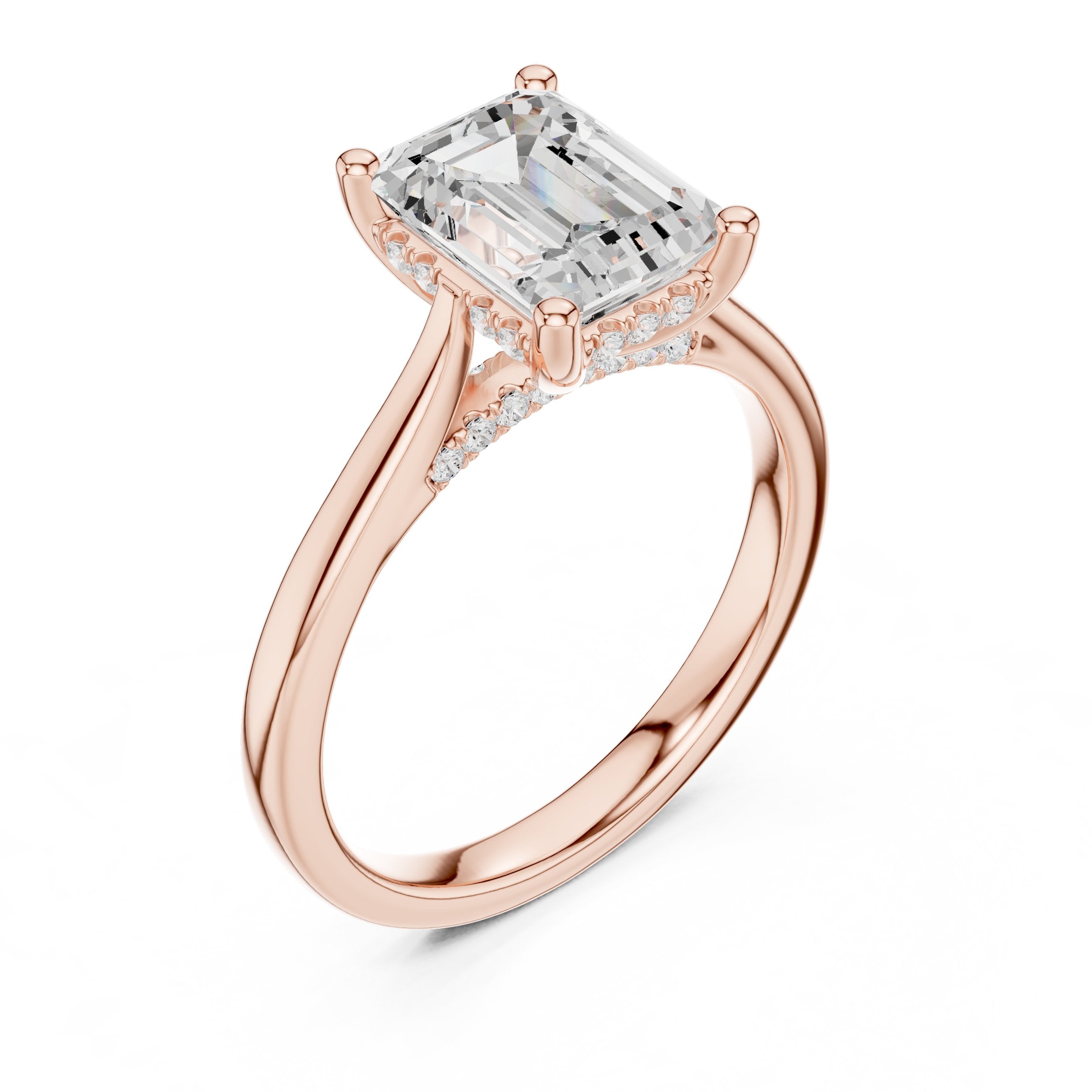 Emerald Cut Hidden Halo Solitaire Engagement Ring in Rose Gold - VYKA Diamonds