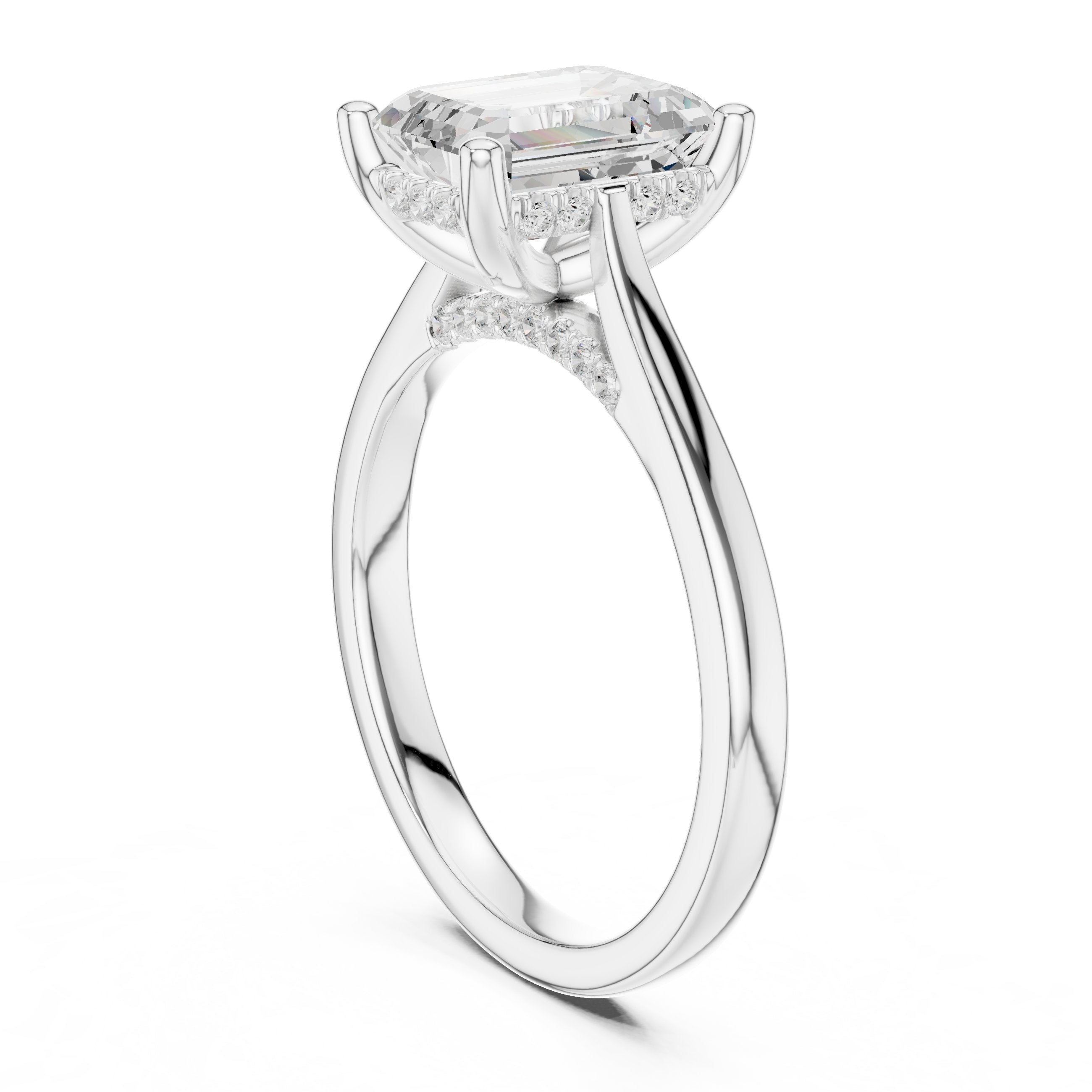 Emerald Cut Hidden Halo Solitaire Engagement Ring in White Gold - VYKA Diamonds