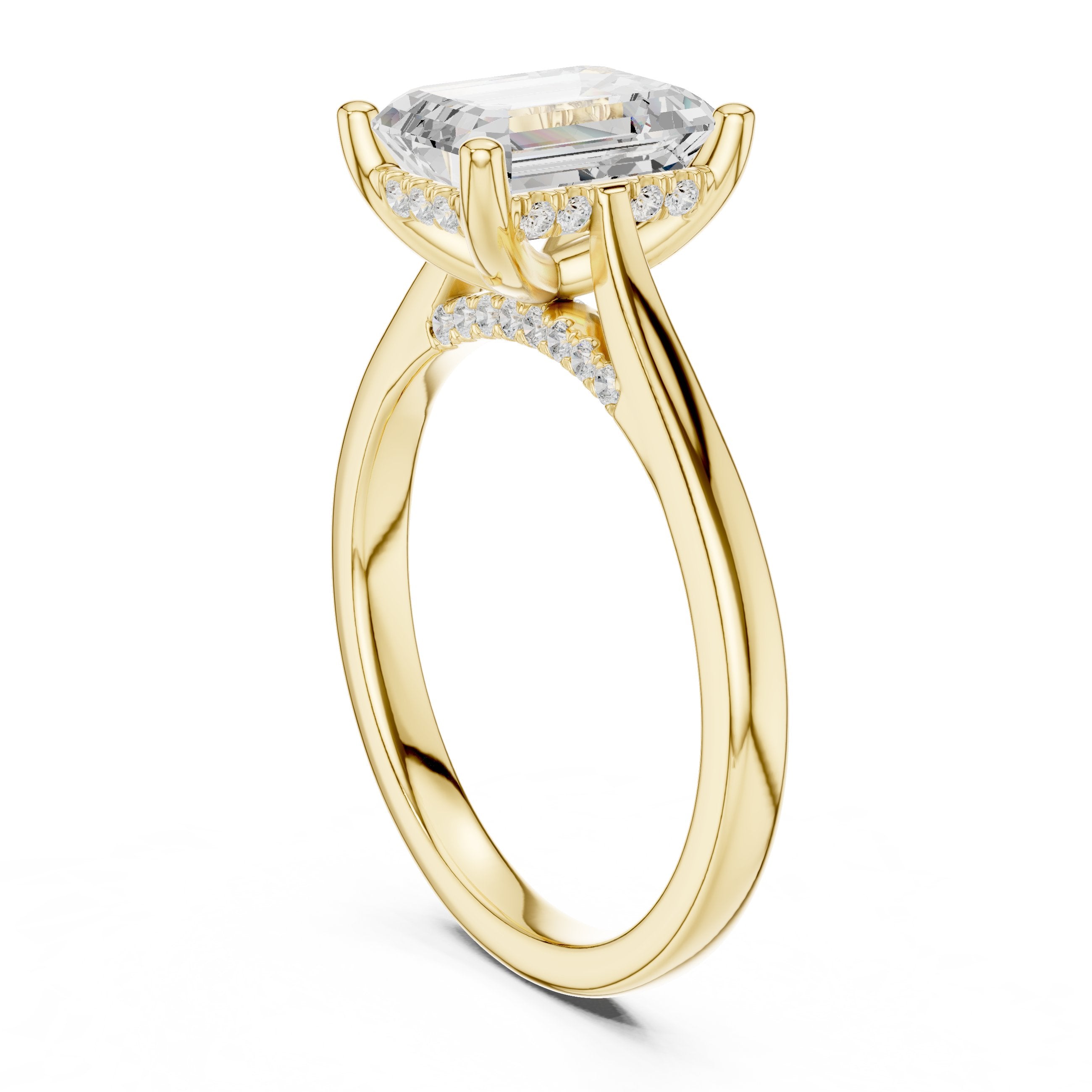 Emerald Cut Hidden Halo Solitaire Engagement Ring in Yellow Gold - VYKA Diamonds