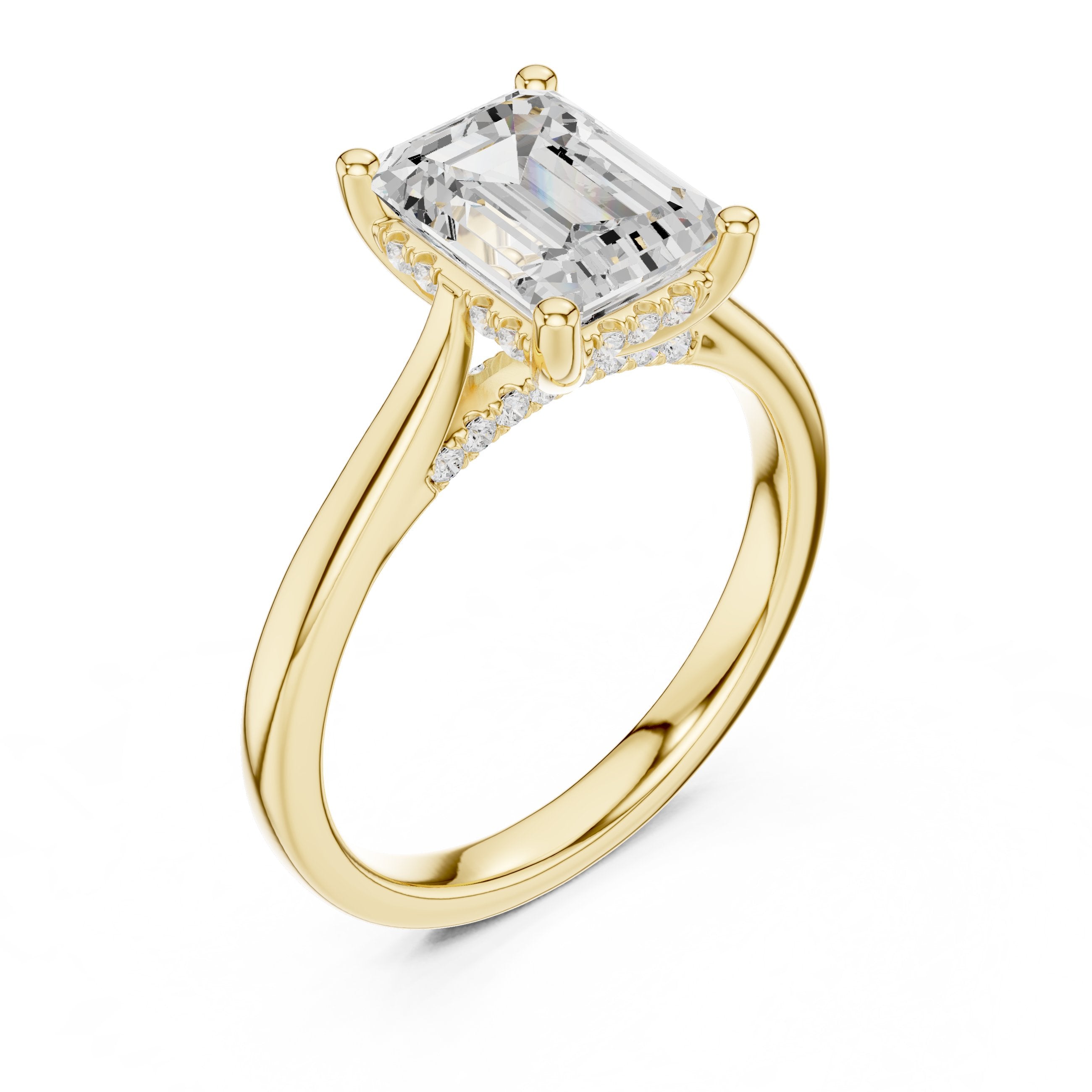 Emerald Cut Hidden Halo Solitaire Engagement Ring in Yellow Gold - VYKA Diamonds