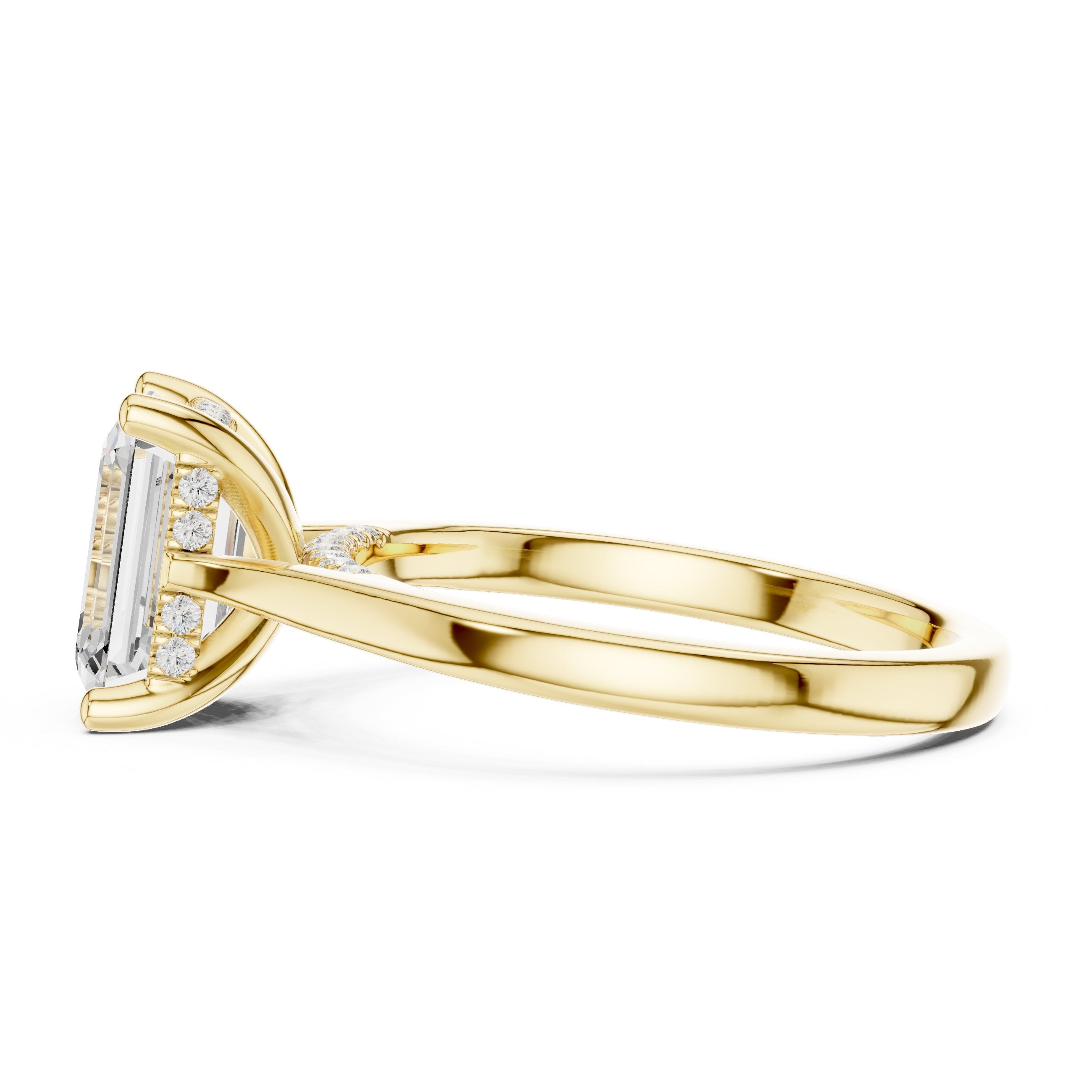 Emerald Cut Hidden Halo Solitaire Engagement Ring in Yellow Gold - VYKA Diamonds
